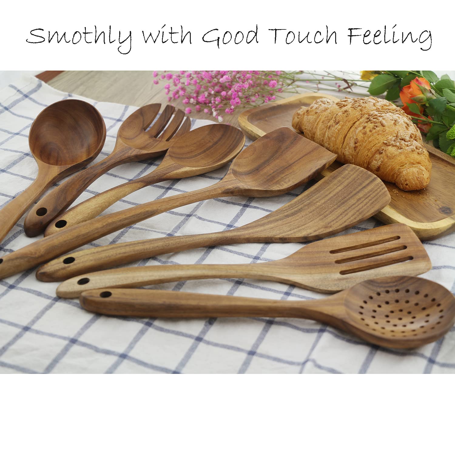 Wooden Spoons for Cooking, ADLORYEA Wood Kitchen Utensils Set, Natural Teak Wooden Cooking Utensils set for Nonstick Cookware, 7-Piece Sturdy Eco-friendly and Healthy Wooden Spatula for Cooking 3