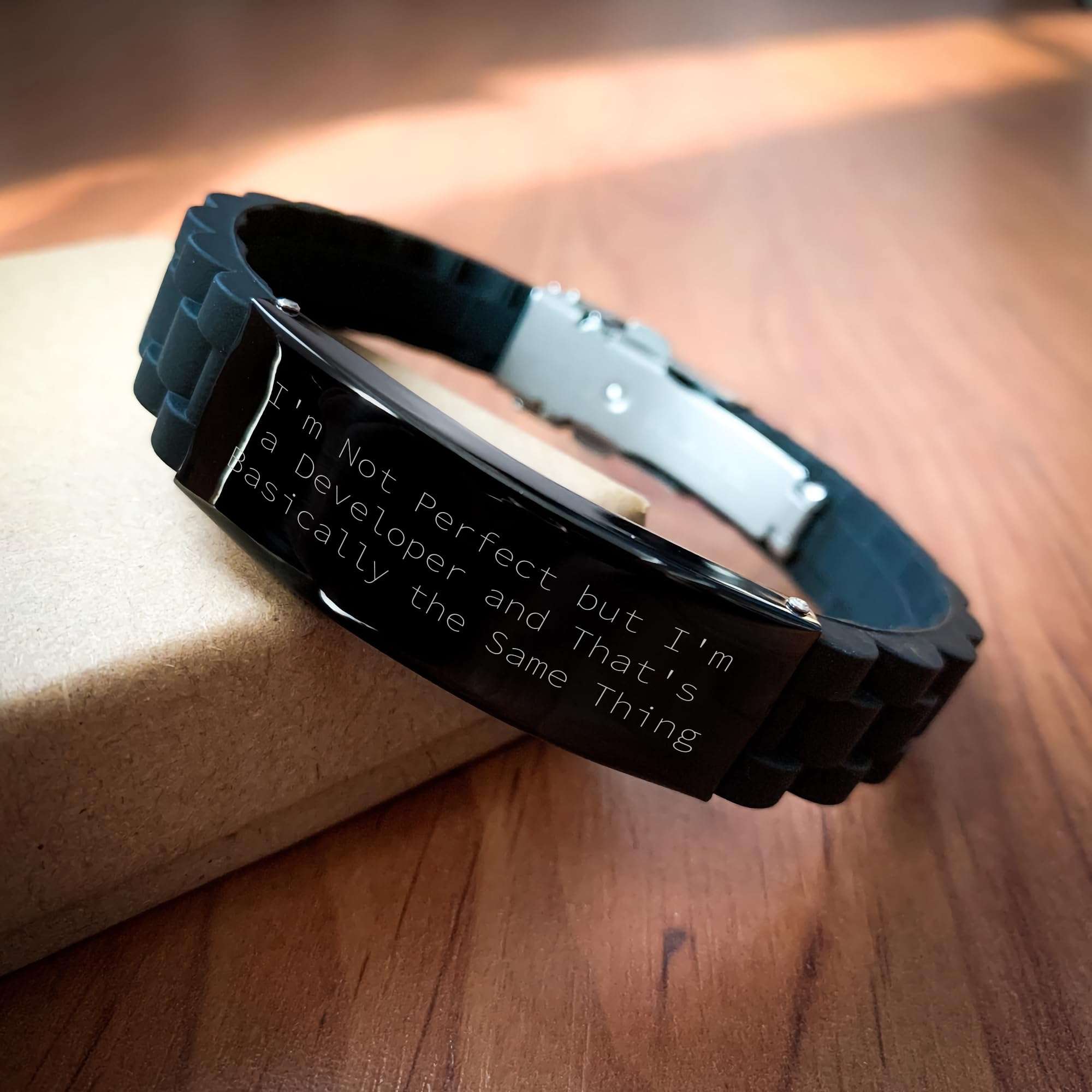 Developer's Proud Glide lock Clasp Adjustable Black Stainless Steel Silicone Bracer - Funny Gifts for Developers Birthday Presents from You to Him Her or Them 3