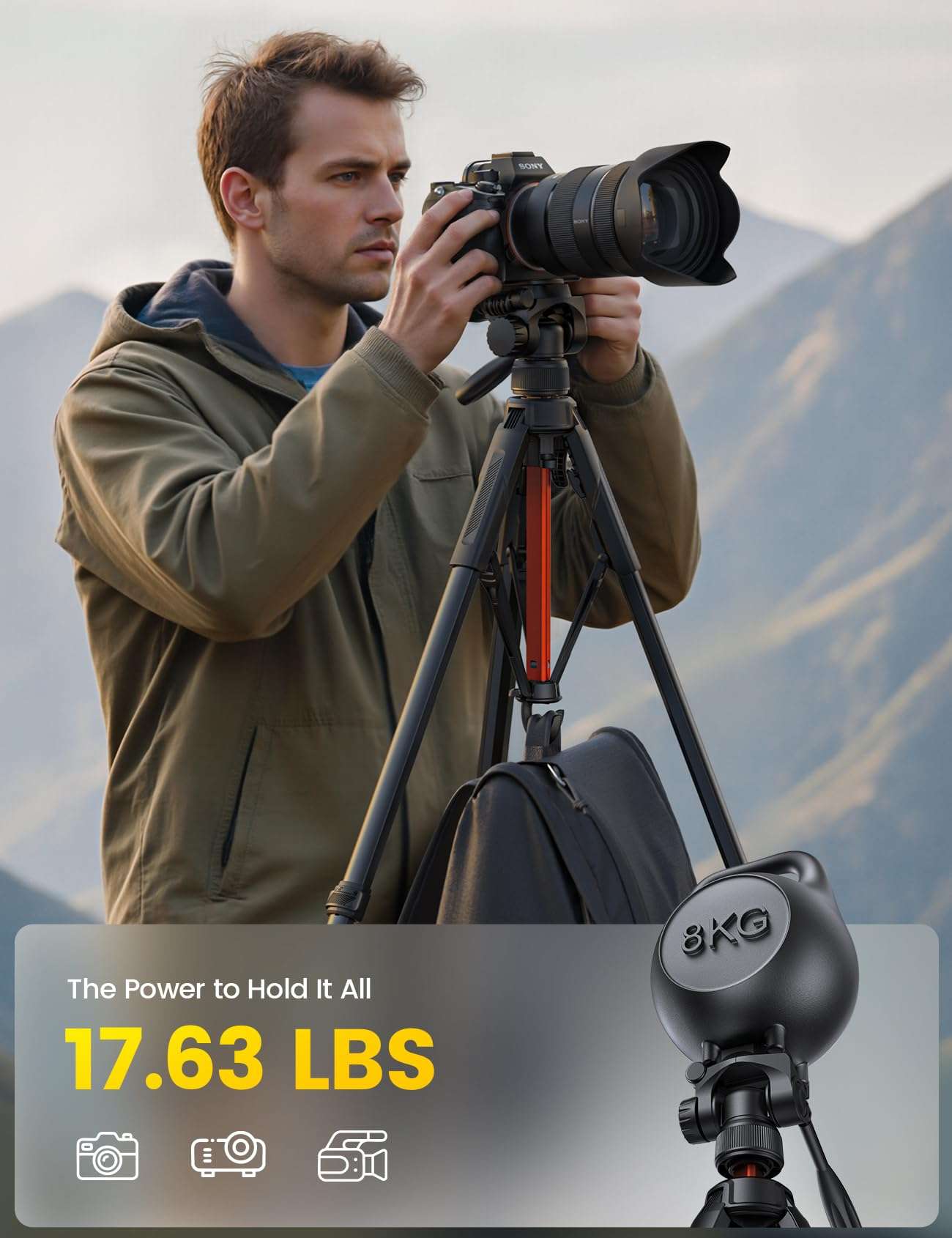 Lamicall Camera Tripod - 17.6LBS Max Load Tripod for Camera with Rapid Leg Deployment Phone Tripods for Video Recording Photo Vlog, 67" Camera Stand with Phone Holder & Carry Bag for DSLR Orange 3