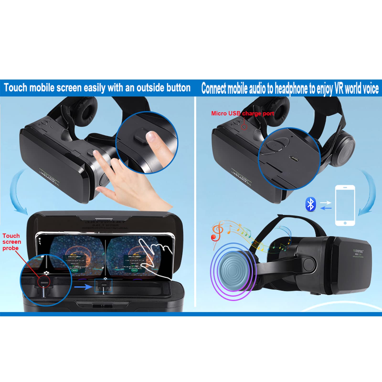 VR Headset Virtual Reality Headset 3D Glasses with 120°FOV, Anti-Blue-Light Lenses, Stereo Headset, for All Smartphones with Length Below 6.3 inch Such as iPhone & Samsung HTC HP LG Etc. (B) 3