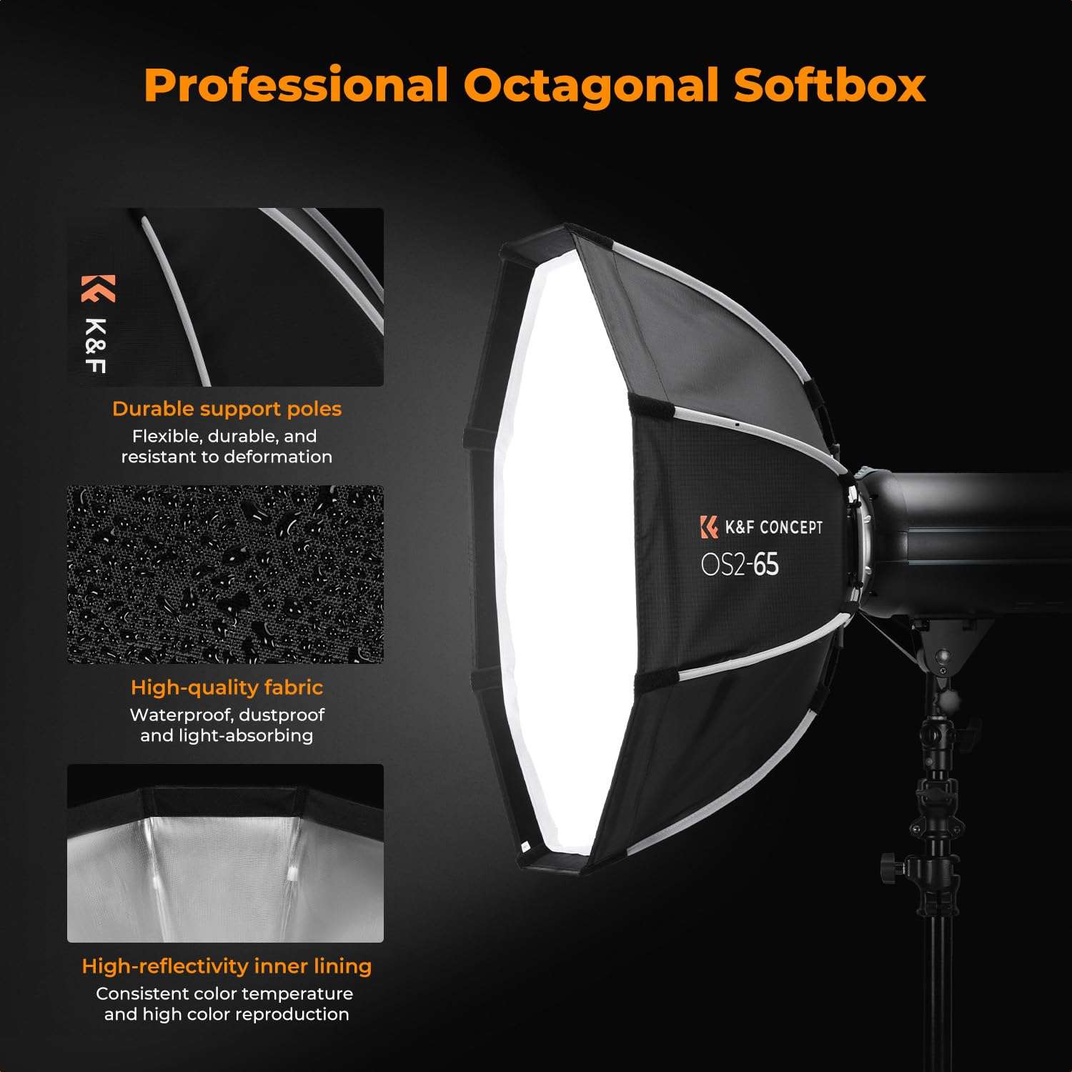 K&F CONCEPT Octagonal Softbox, 65cm/25.6in Quick Release Softbox with Bowens Mount, Carrying Bag, for Photography, Studio Portrait Shooting 5