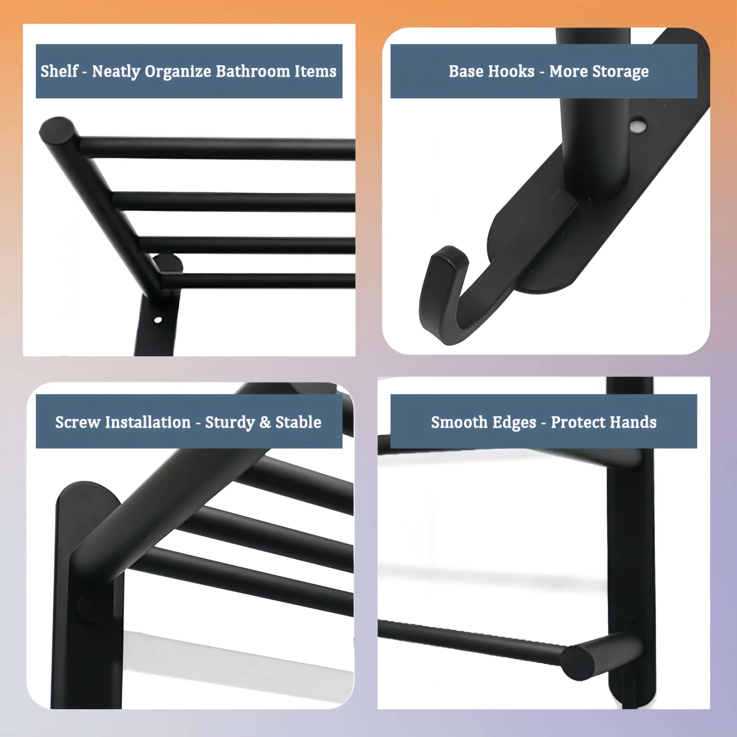 SEIDO 24 Inch 3-Tier Towel Rack, Rustproof 304 Stainless Steel Wall Mounted Shelf with Double Towel Bars & Hooks, Heavy Duty Space-Saver for Bathroom, Kitchen, RV - Matte Black 4