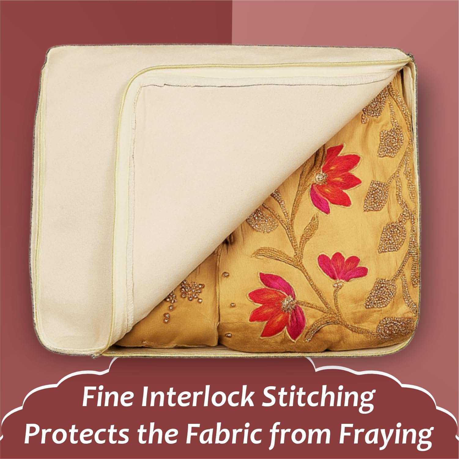 JD FRESH 4 Pcs Cotton Saree Cover for Wardrobe/Space Saving Bag with Zip Closure & Big Transparent Window/Wardrobe-Cupboard Organizer for Clothes/Bedsheets/Lehengas (17 X 14 x 7 Inch, Off White) 5