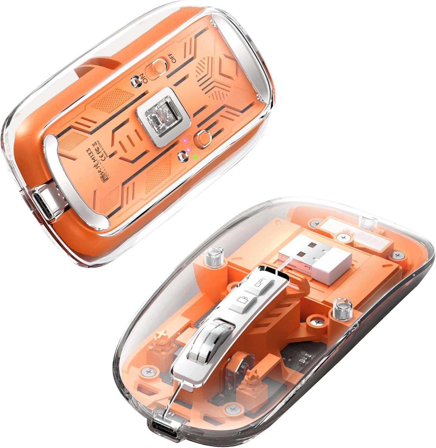 MICROWARE Transparent Wireless Mouse BT5.1/2.4G Bluetooth Mouse Rechargeable Mute Mouse Compatible Mac,iPad,Mack-Book,Laptop, and PC (Orange) 1