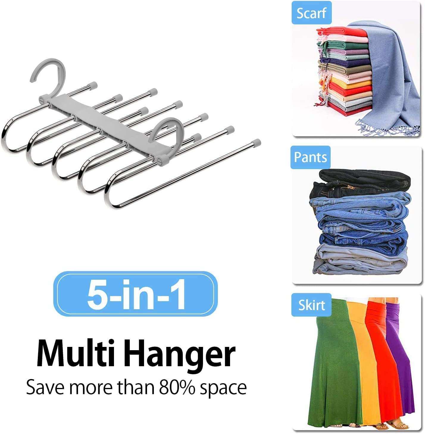 TEKCOOL 5 in 1 Stainless Steel Foldable Hangers (Pack of 1) - Multi-Layer Multi-Purpose Pant Organizer for Wardrobe, Clothes Hanging 3
