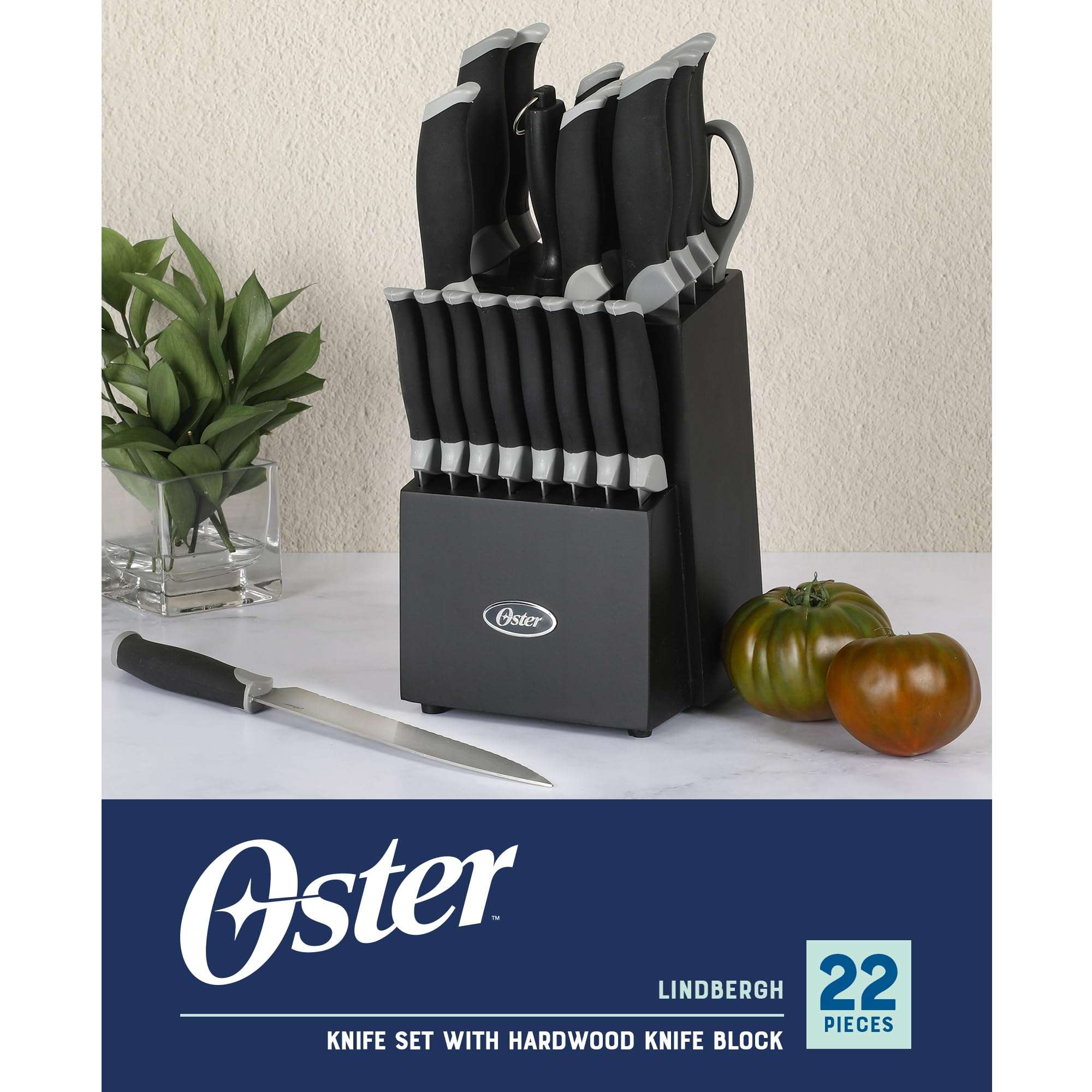 Oster Lindbergh 22 Piece High Carbon Stainless Steel Cutlery Kitchen Knife Block Set w/Black Knife Block - Black Handle - Cuchillos Para Cocina 3