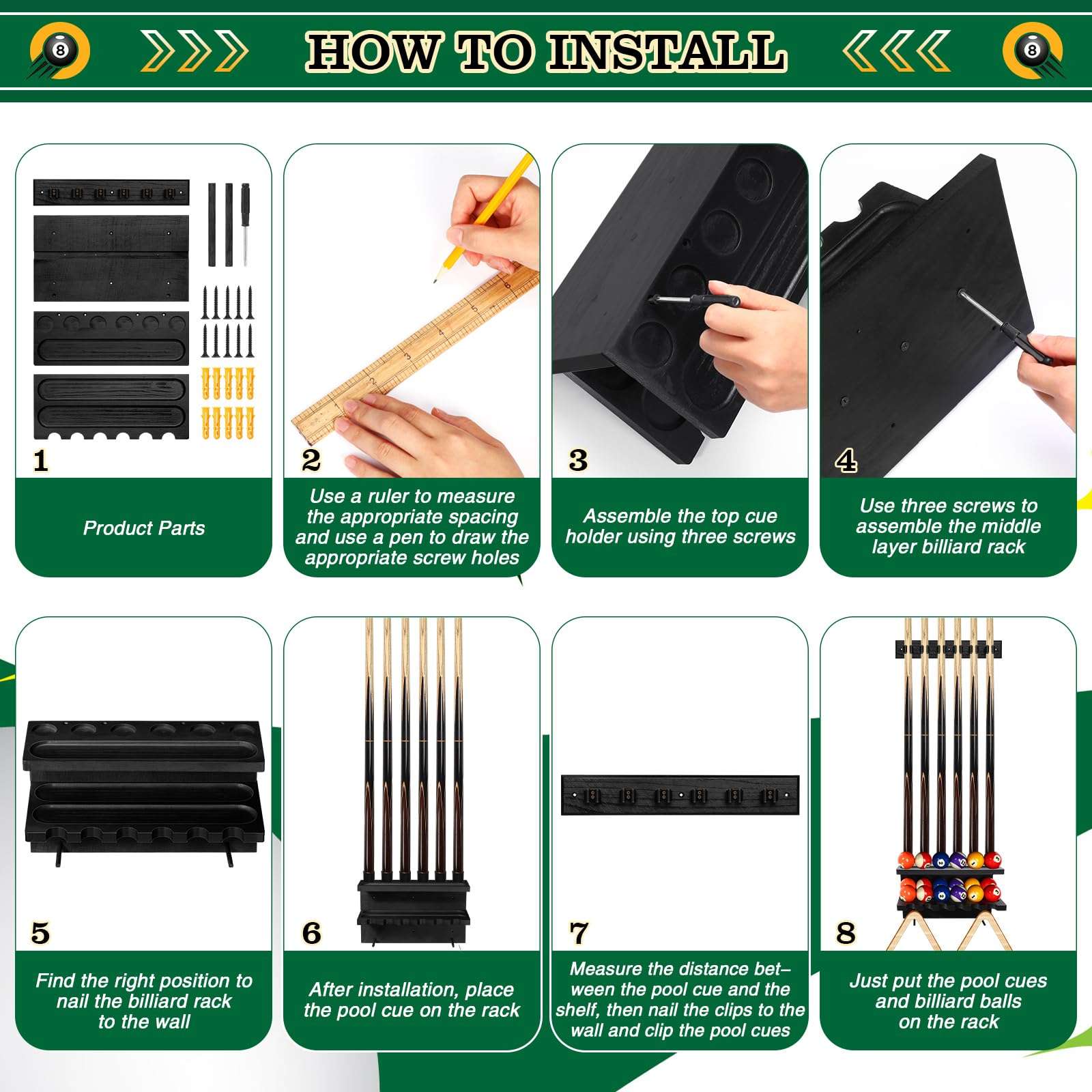 Relaxgiant Wall Mount Pool Stick Holder Billiards Pool Cue Rack Pine Wood Wall Mount Holds 6 cues and Full Ball Set Pool Table Accessories Equipment Organizer for Billiard Room, Bar, Club (Black) 5