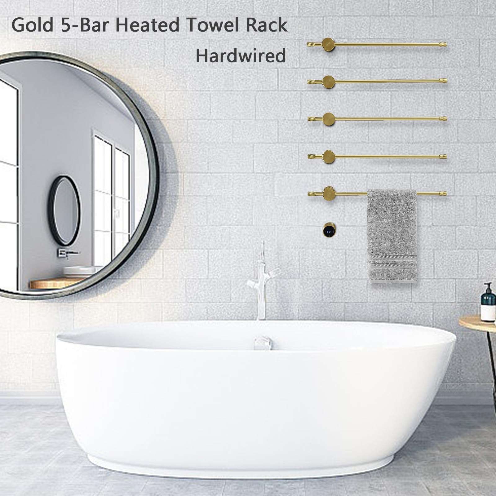 Towel Warmer Rack, Gold 5-Bar Aluminum Alloy, Heated Towel Rack for Bathroom, Hidden wiring/Support Hardwired Heated Towel Rail, With Timer and Temperature Adjustment, Overheat Protection Function 5