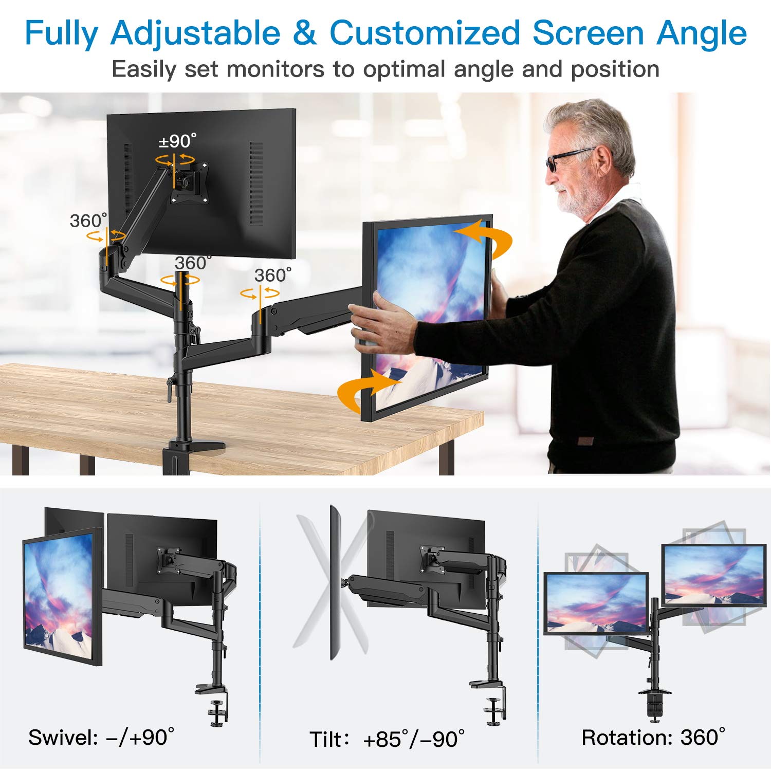 HUANUO Dual Monitor Mount Stand - Aluminum Gas Spring Arm Height Adjustable Monitor Desk Mount VESA Bracket for Two 17 to 32 Inch Flat / Curved LCD Computer Screens with C Clamp, Grommet Base, Black 2