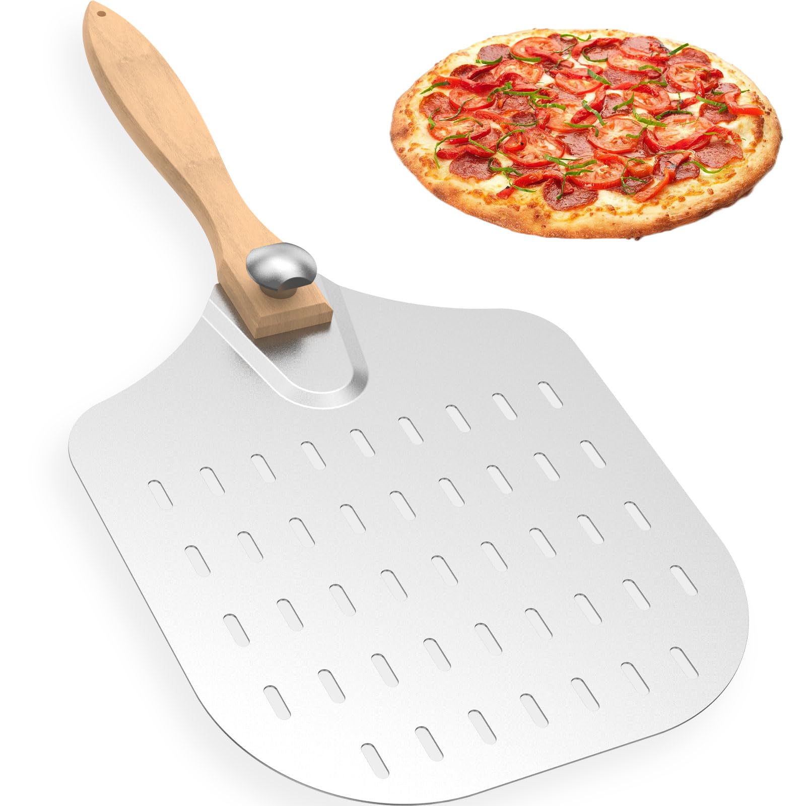 Pizza Peel Aluminum Pizza Spatula, 12 inch Perforated Pizza Paddle with Foldable Wood Handle, Metal Pizza Transfer Spatula Paddle Multipurpose Lightweight for Family Pizza Oven Baking Pizza Bread