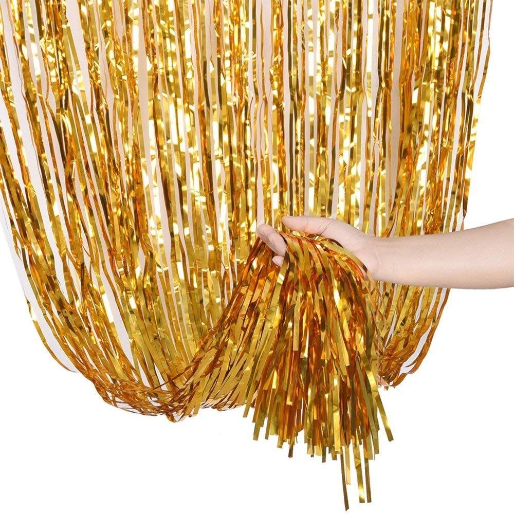 Jindal Party Products Metallic Fringe Foil Curtain for Birthday | Wedding | Anniversary Decoration Party || Size-3 Feet by 6 Feet (Golden-4Pcs) + HD Metallic Finish Balloons (Golden) Pack of 150 4