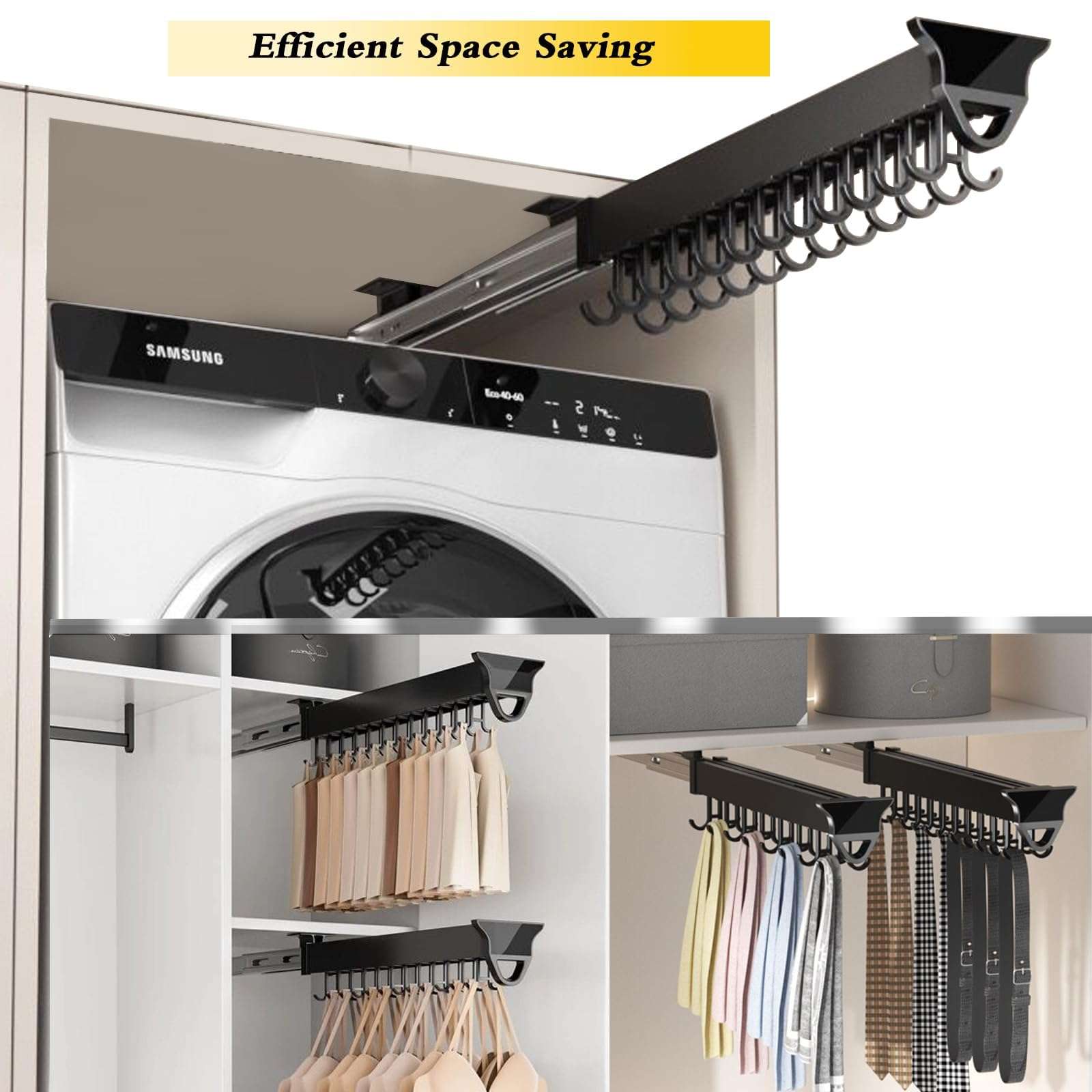 Pull Out Hanging Pot Rack Organizer for Cabinet - Load 75lbs, 12 Hooks, Expandable Sliding Rail, Broom Storage, Garage Hanger - Multifunctional Utility Organizer 4