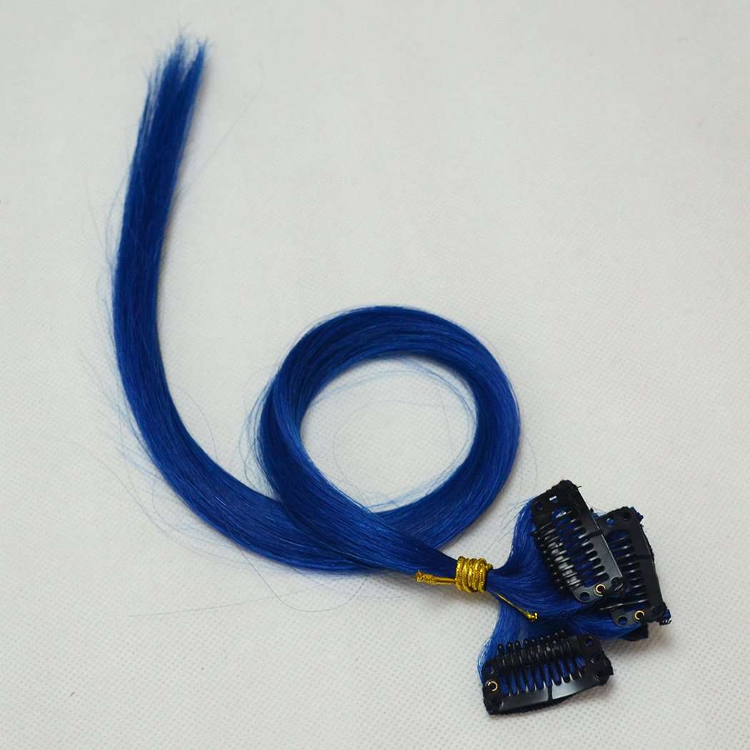 Luwigs 18inches Blue Clip in Hair Extensions Straight 100% Human Virgin Hair Fashion Hairpieces for Party Highlight 5pcs/set (18 inches, Blue) 5