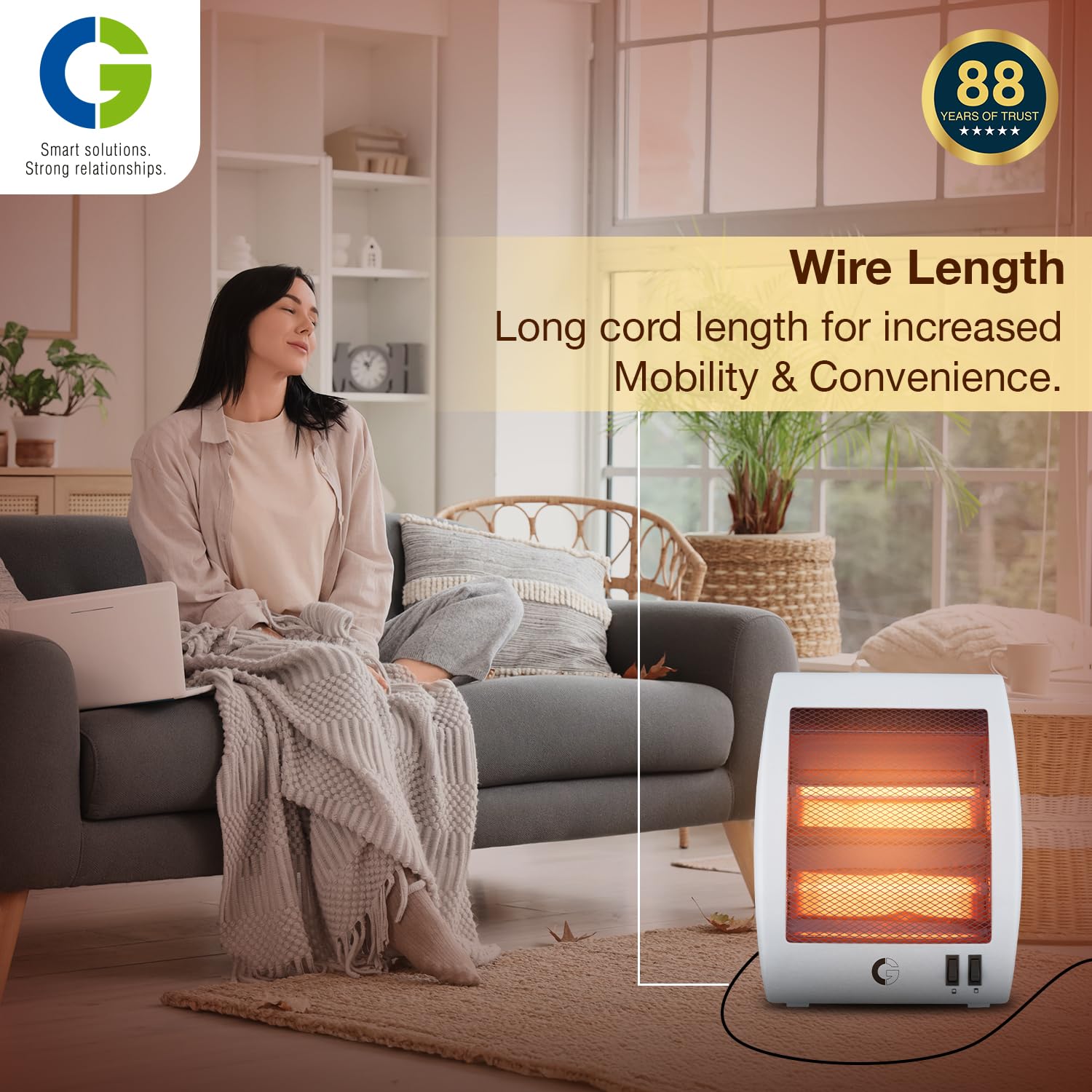CG Norris 2Q Quartz Room Heater | 2 Heat Settings | Tip Over Safety Switch | Noiseless Operation | Ideal for Rooms up to 150 sqft | Long Cord | White 4