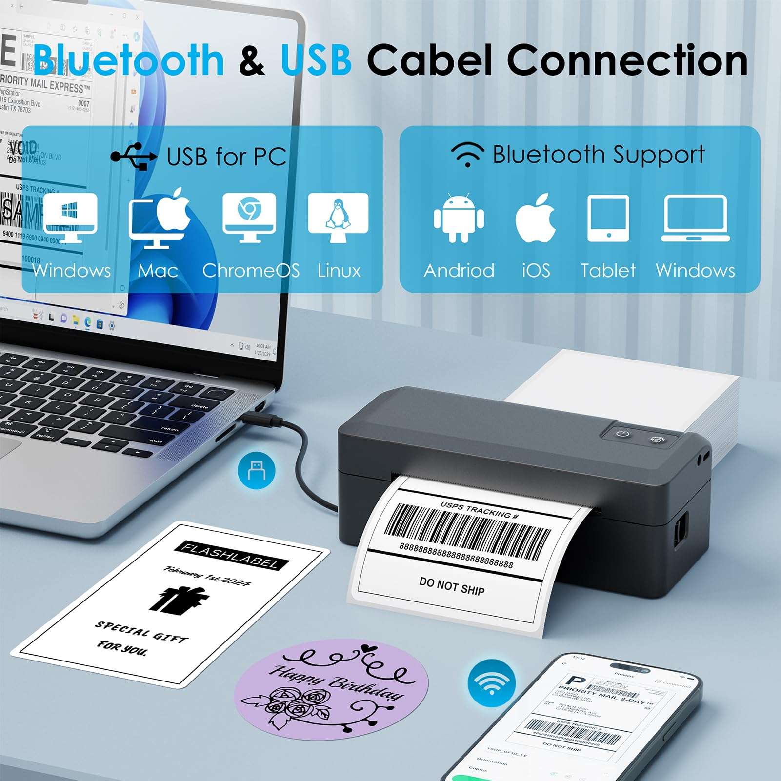 KNAON Shipping Thermal Label Printer, 4x6 Portable Label Printer, Bluetooth Label Maker for Small Business, Support iPhone,Android,Windows,Mac,Chromebook,Works with USPS, Ebay,Shopify&More, Black 3