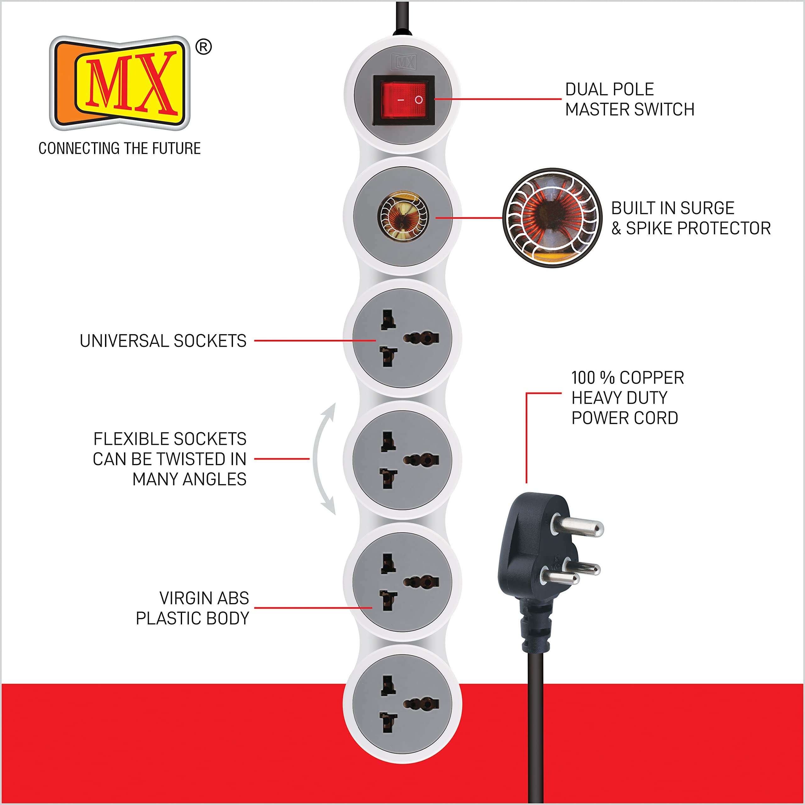 MX Extension Board with Spike Protector - 4 Universal Sockets, 15A/16A/20A Spike Guard, 5m Extension Cord, Illuminated Circuit Breaker Master Switch (3321_5mtr) 4
