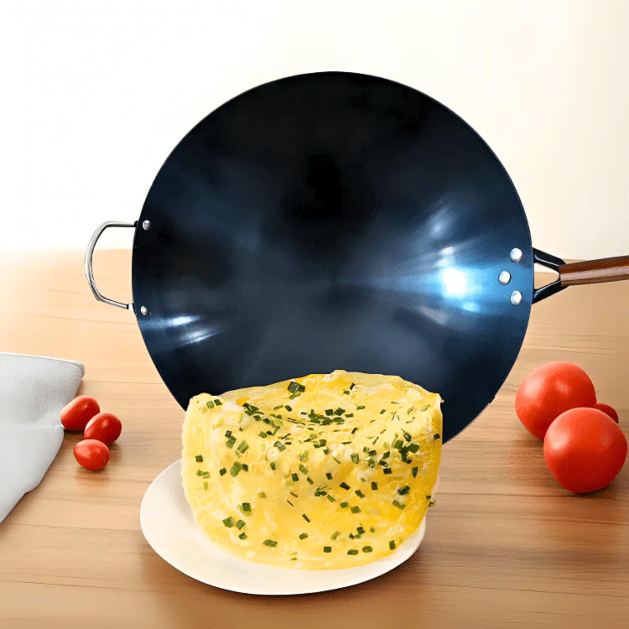 HomeEssentials Heavy Duty Iron Pan With Wood Handle, Chinese Wok With Handle 10Cm X 30Cm, Non-Coated & Non-Stick, Gas Stove Compatible, Black 5