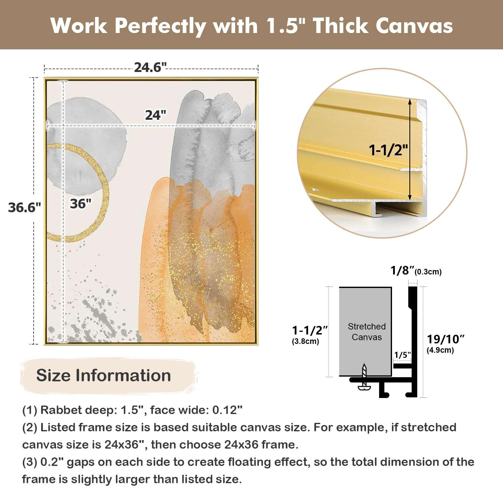 FOLKOR 1.5” Deep Frame for 36x60 Canvas Paintings, DIY Metal Floating Frame with 1.5” Deep for Artists Designers Landscape Portrait Artwork, Modern Home Office Wall Decor (Gold) 4