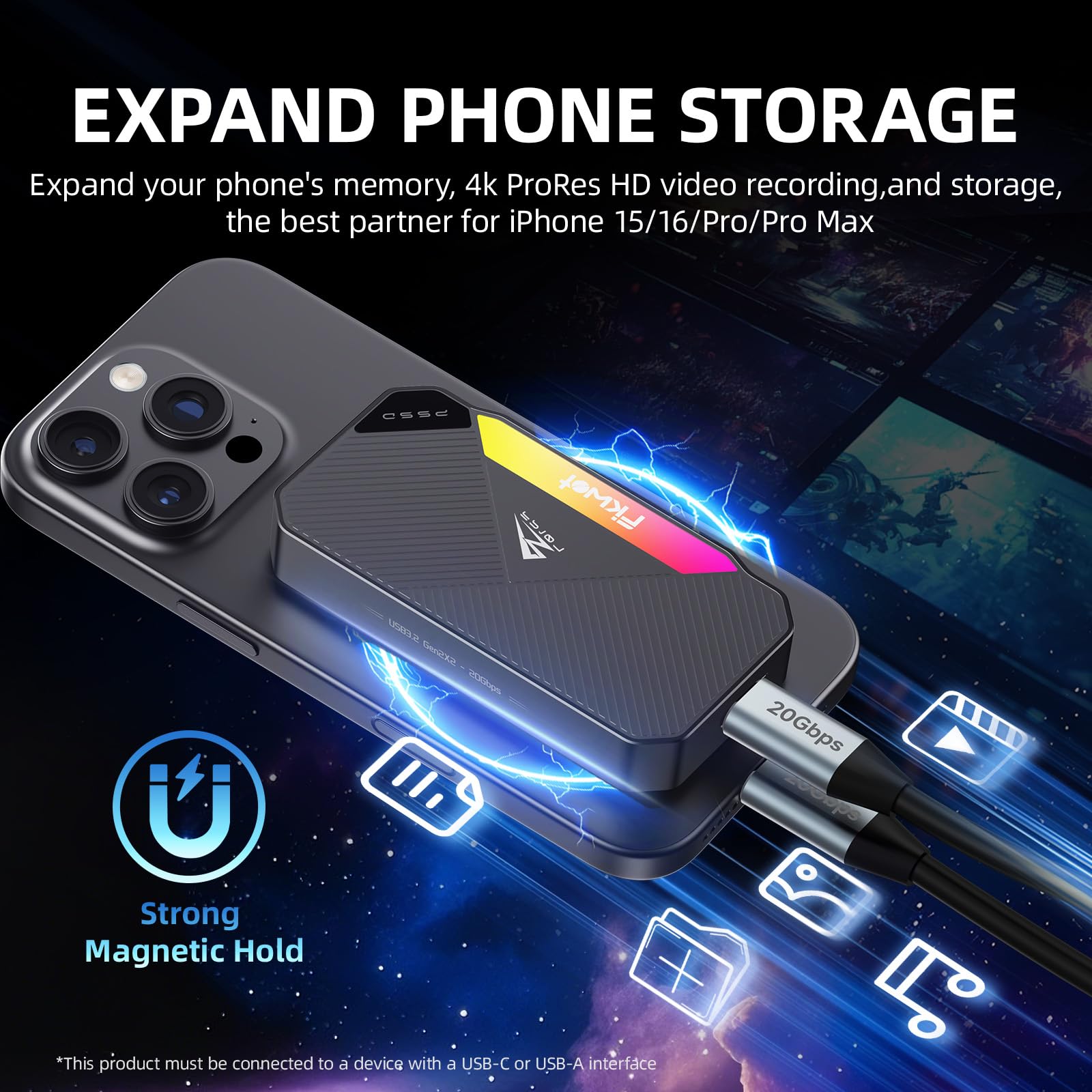 Fikwot FP107 4TB Magnetic Portable SSD, 2050MB/s USB 3.2 Gen 2x2 Portable SSD with RGB Lighting, 4K Video Storage, External Solid State Drives for iPhone15/16, Android/PC/Mac, PS5/PS4(Pro) etc. 5