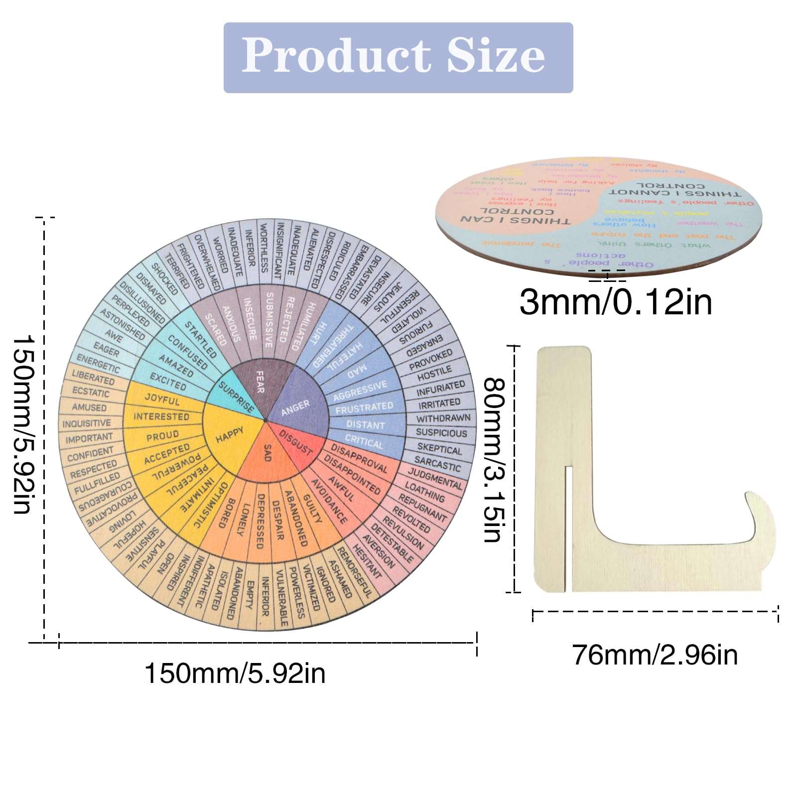 Feelings Wheel Therapy Office Desk Decor, 2 Sets of Wooden Double Sided Mental Health Office Emotions Charts with Stand Therapist Gift for Home School Classroom Social Men Women 3