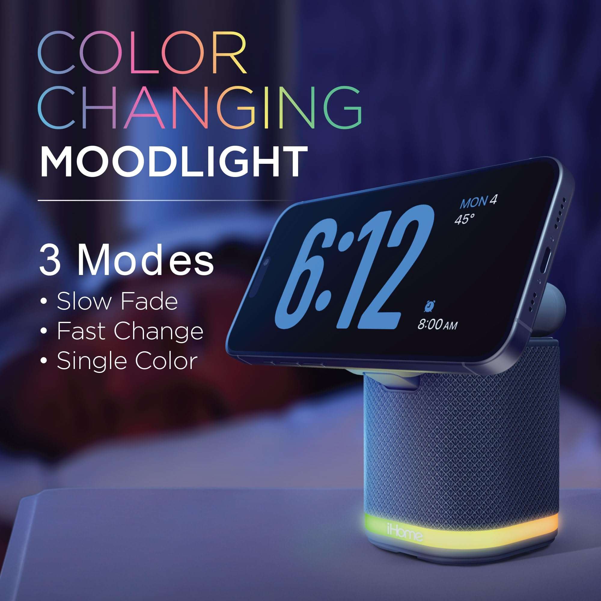 iHome Bluetooth Speaker with Wireless Charger, Charging Station with Color Changing Night Light - Gray (iPBT50G) 5