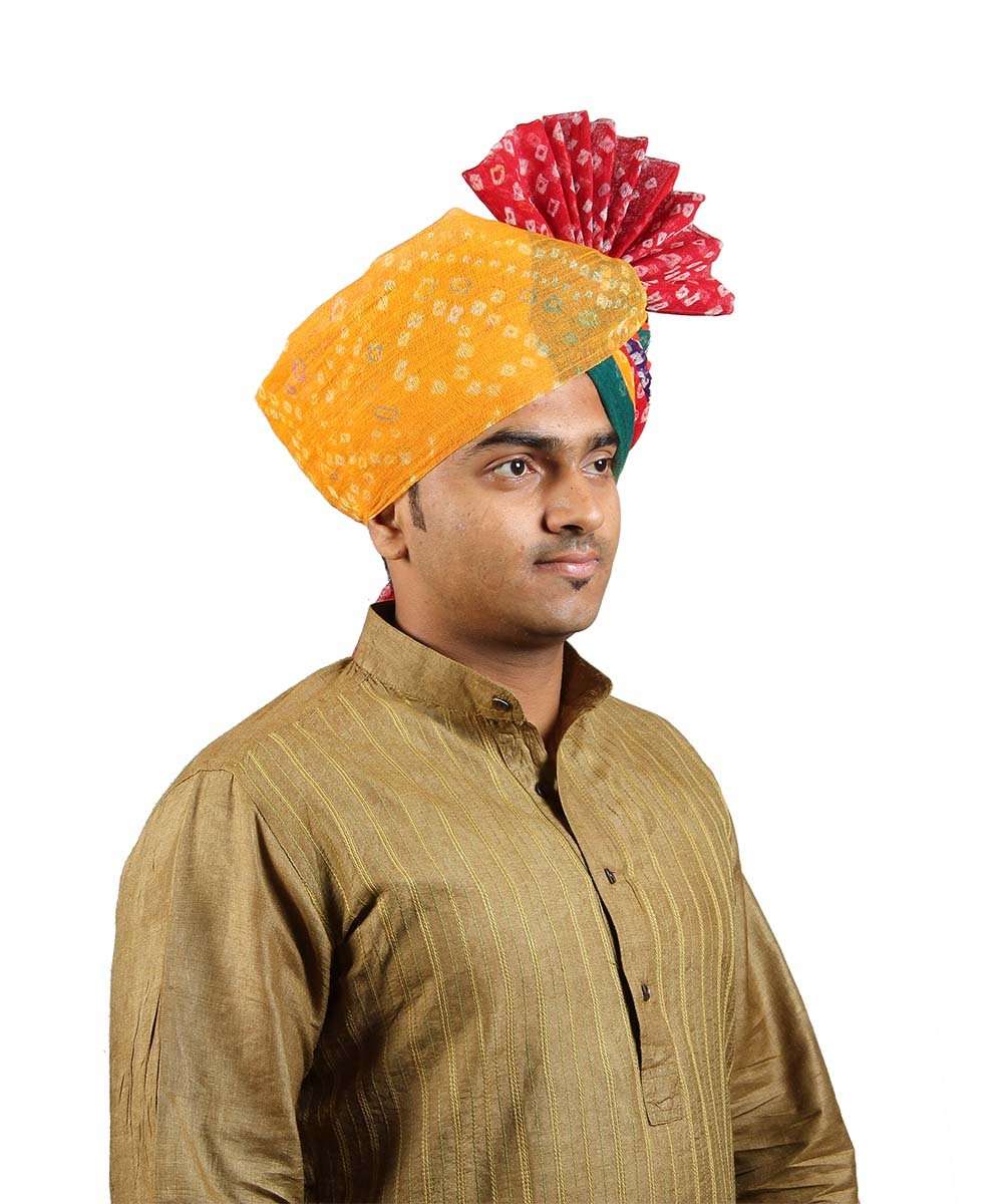 KALAPURI Traditional Handstitched Ready to Wear Panchrangi Jodhpuri Bandhej Cotton Pheta (Turban Safa) for Men for Wedding/Marriage and Traditional Function in 21 Inches 4