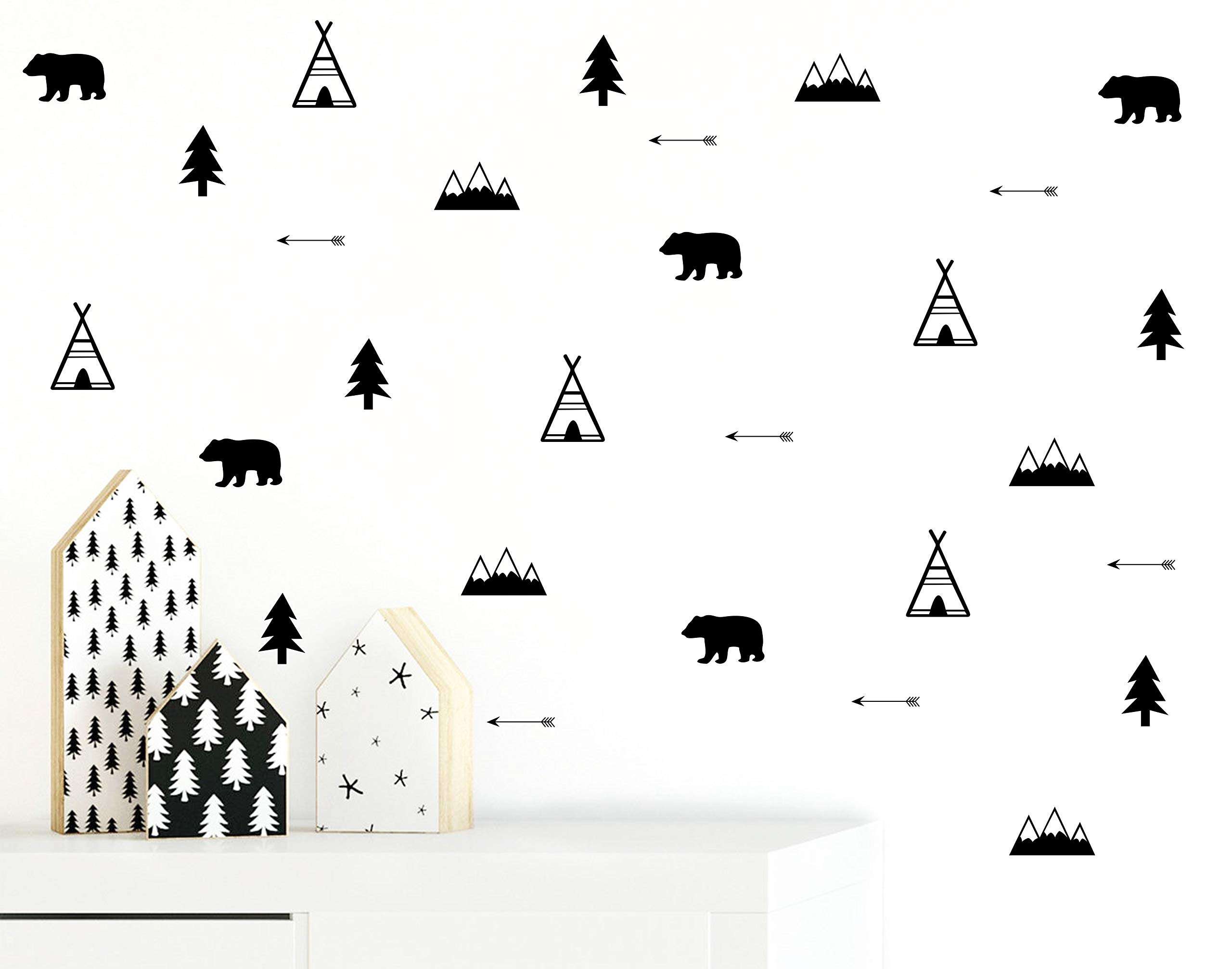 Woodland Wall Decal, Bears, Arrow, Teepees, Trees and Mountains Decor, Matte Vinyl Wall Stickers for Baby Bedroom, Nursery Wall Decals(Y05) (Black) 3