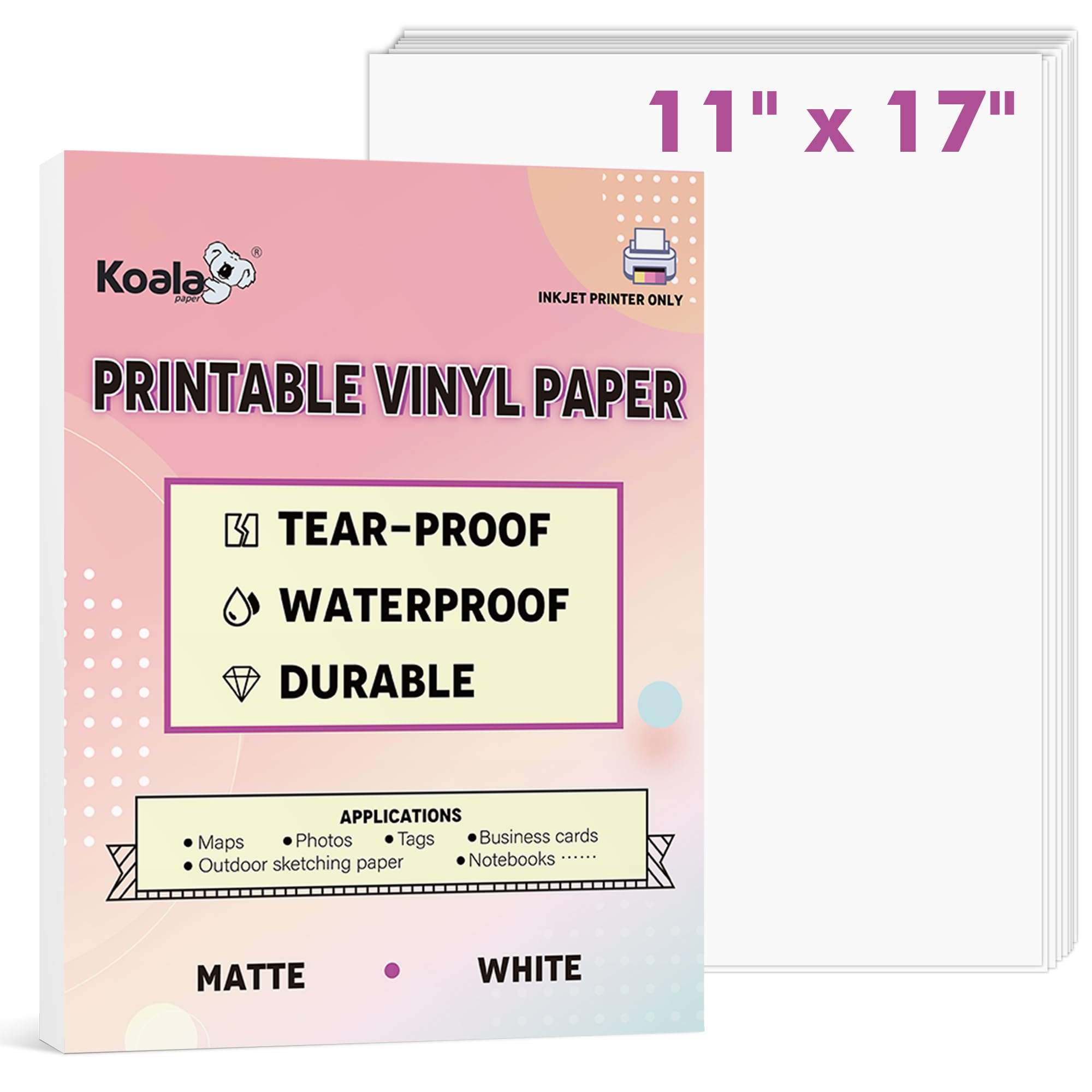 KOALA PAPER Printable Waterproof Paper for Inkjet Printer, 11x17 In 30 Sheets Matte White Vinyl Printer Paper, Non-Tearable, Durable, Quick Drying 1