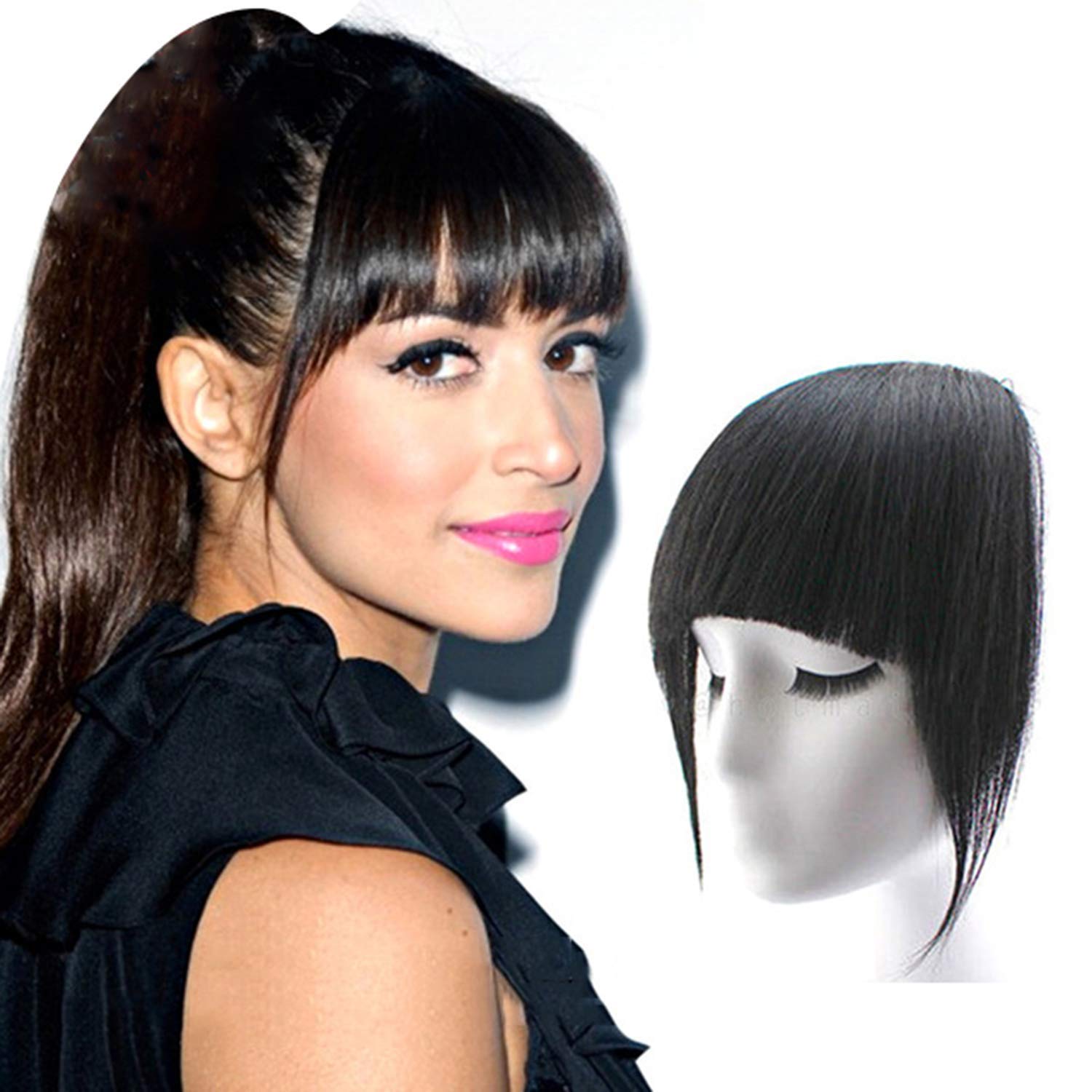 Fully 100% Natural Look Human Hair Bangs/Fringes Extension For Women And Girls Hair Front Hair Flicks (Center Cut Black) Pack Of 1 1