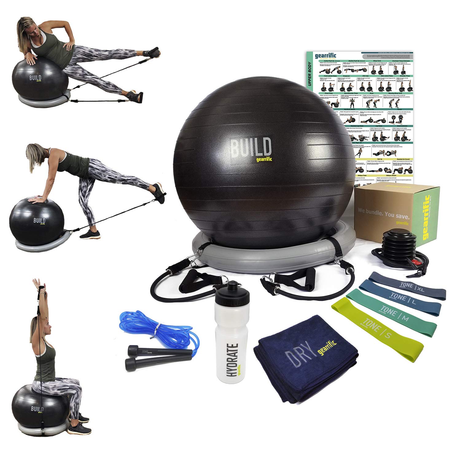 Workout Ball Set: Exercise Ball with Resistance Bands & Handles, Poster, Stability Base, Training Bands, Jump Rope, Water Bottle & Gym Towel