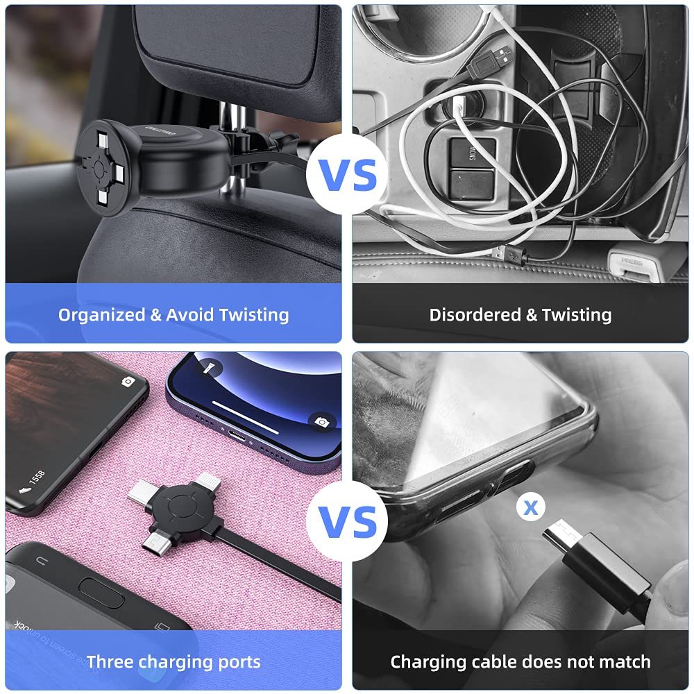 Car Retractable Charging Cable Box 3 in 1 USB Type C Fast Charger Cord Station Car Headrest Backseat with Share Ride Customer Taxi，Multi Cord Connector for All Phones/iPhone/Samsung/Android/ 6