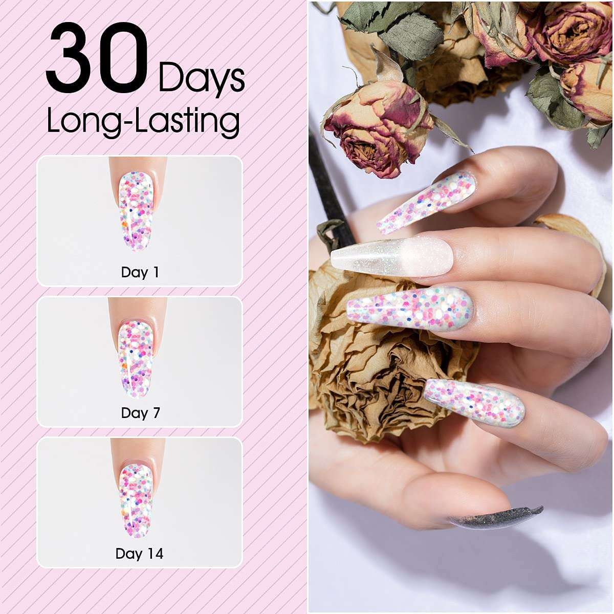 Shiny Pink Glitter Poly Extension Gel, ROSALIND 60ml Poly Nail Gel for Nail Art Decoration, Nail Thickening Extension Easy to DIY Use at Home Need UV Lamp (Update Version) 3