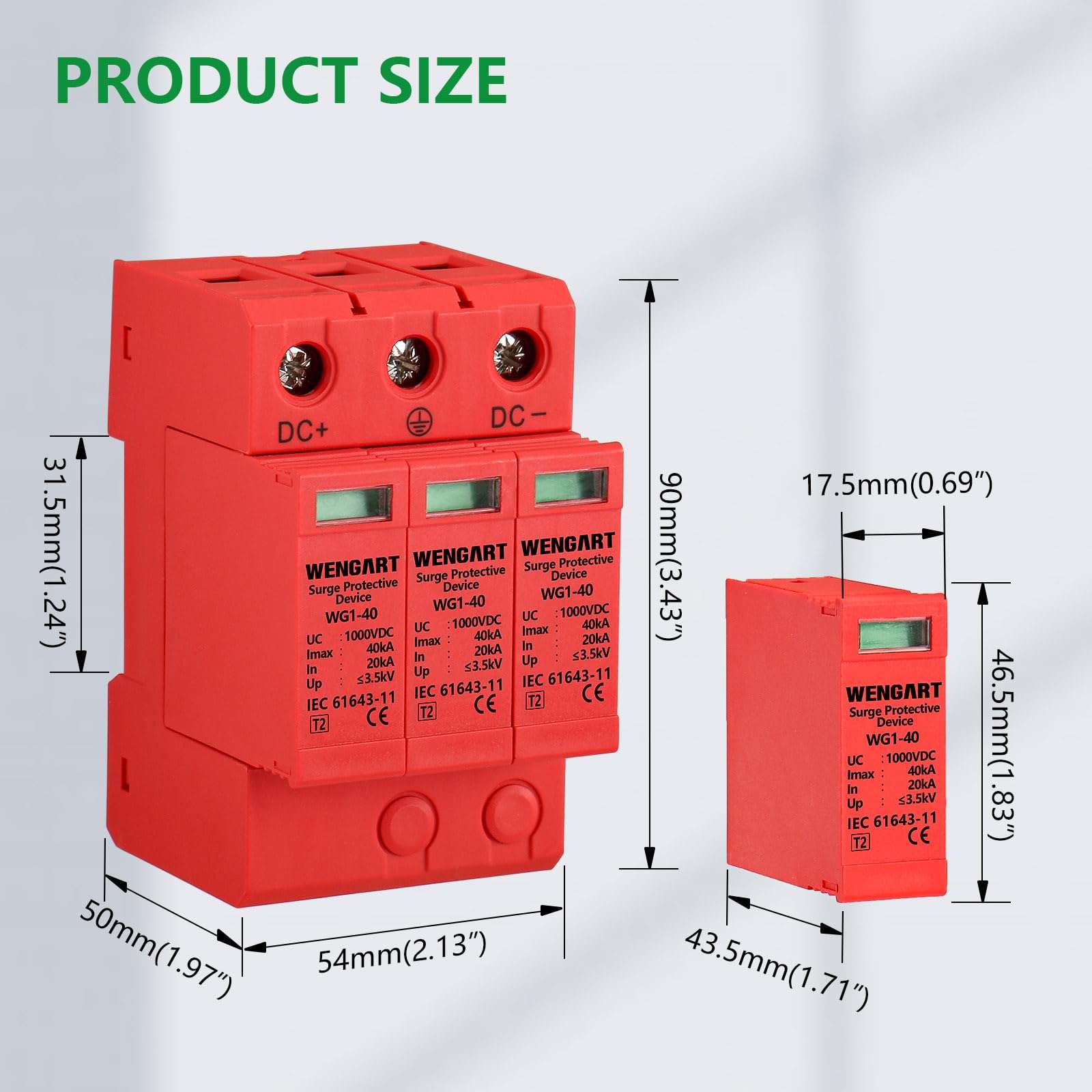 Wengart Surge Protective Arrester Device,DC1000V 3P 20~40kA 36mm DIN Rail Mount,Low Voltage Arrester Device for Lightning Protection Power Distribution and Control Appliances 6