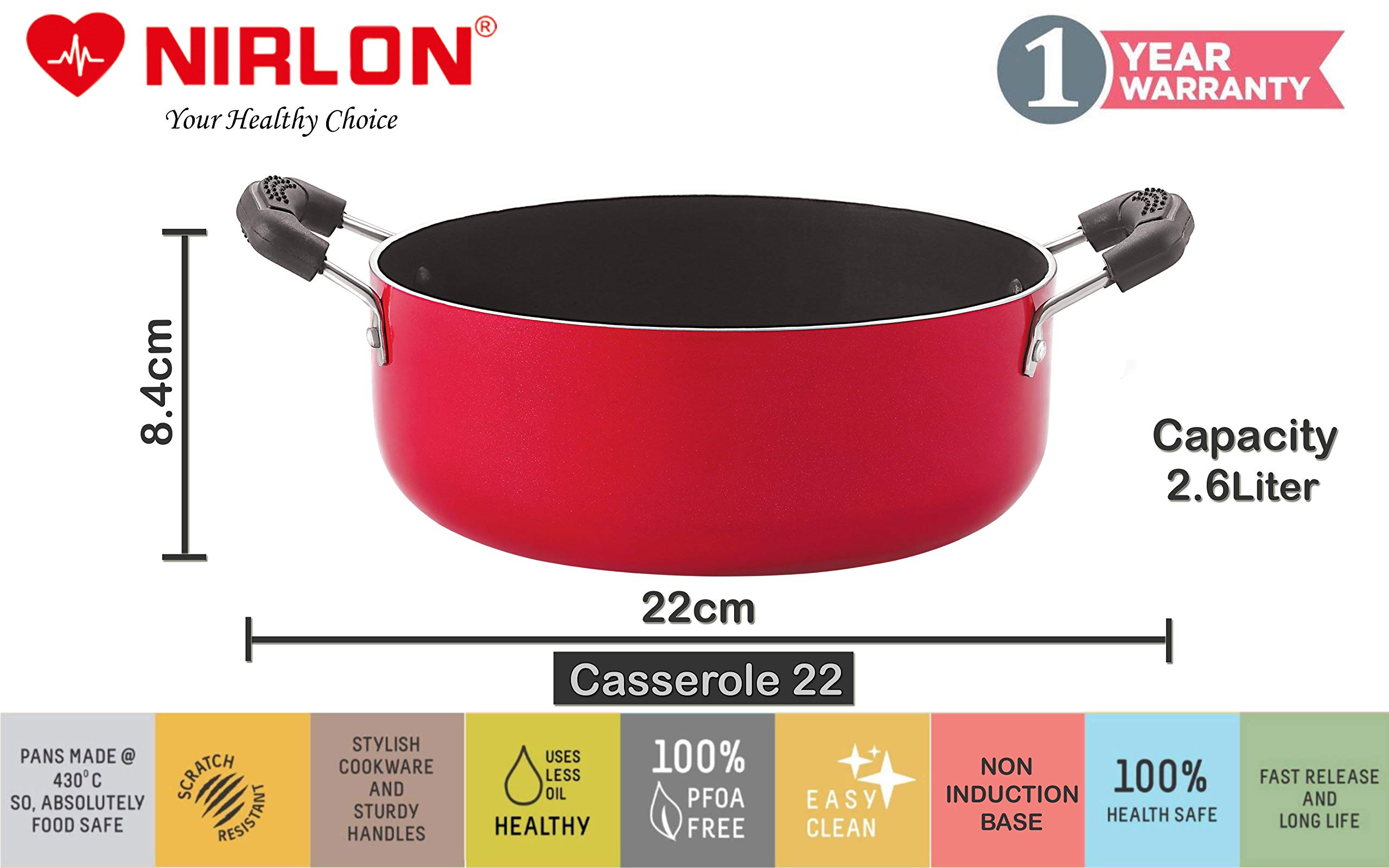 Nirlon Non Stick PFOA Free Stain Resistance Non-Induction Pots and Pans Giftset of 2 Pieces (2.6mm_Casserole22_FT12) 3