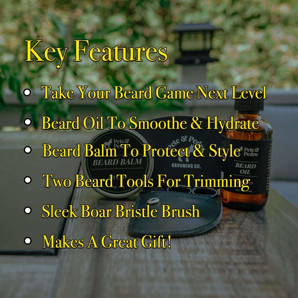Pete & Pedro 4-Piece Beard Care Kit for Legendary Facial Hair - Grooming Styling Set | Beard Care Comb & Scissors Set, Military Oval Brush, Beard Balm, & Beard Oil | As Seen on Shark Tank, 4 PC Set 3