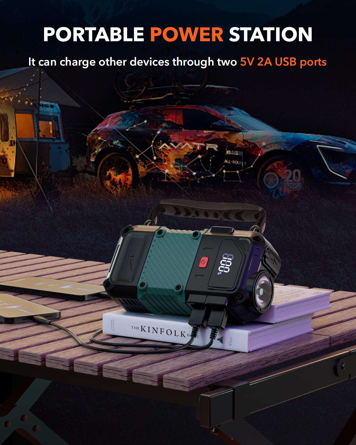 Portable Car Battery Jump Starter, 3000A - 12V Portable Jump Box for 6.0L Diesel & 8.0L Gas, Compact Battery Jump Pack, Extended Smart Jumper Cables Equipped, USB Outputs, and Lights 5