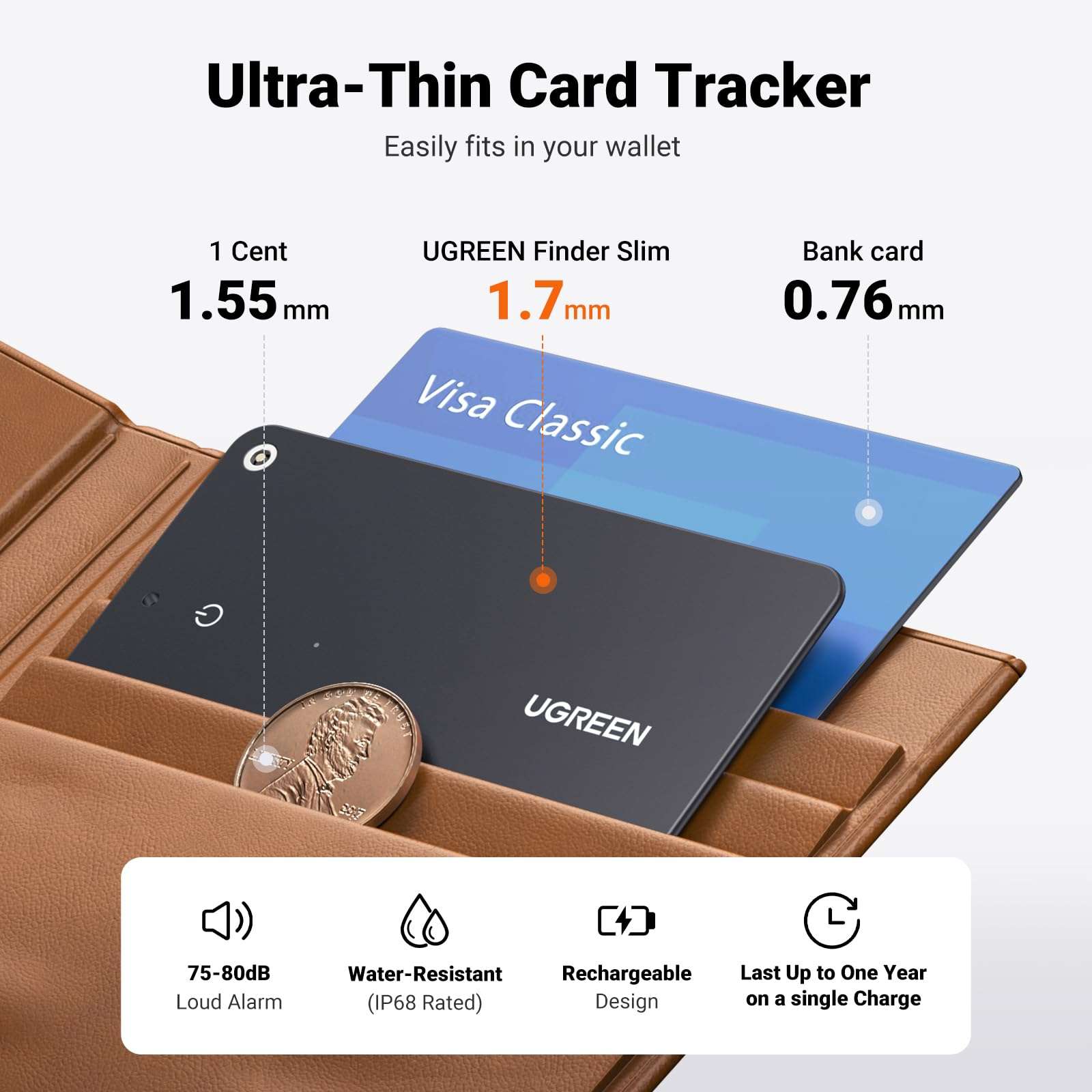 UGREEN FineTrack Slim Smart Finder Compatible with Apple Find My (iOS Only), 1.7mm Ultra-Slim Wallet Finder, IP68 Waterproof Rechargeable Bluetooth Tracker Card for Wallet, Key, Luggage Tags 3