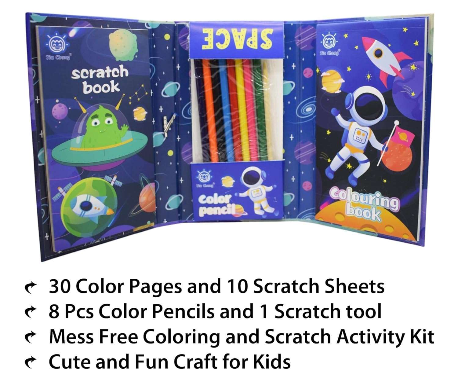 NEW PINCH Coloring Book Set for Kids – Includes 30 Drawing Sheet,8 Pencil Color,10 Scratch Sheet, Compact Art Kit,Prefect Return Gift for Kids - 3Pcs (Blue)(Design May Vary) 3