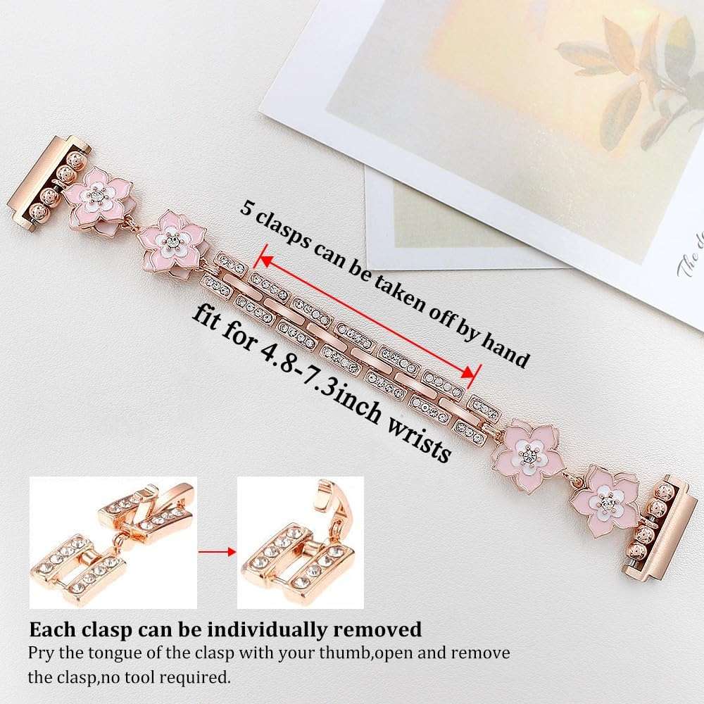 YONWORTH Rotatable Flower Band Compatible with Samsung Galaxy Watch 7 FE 6 5 4 40/44mm,Galaxy Watch 5 Pro 45mm,Watch 6 4 Classic,Bling Chain Stress Relief Sakura Wristband Women 20mm (Pink Rose Gold) 4