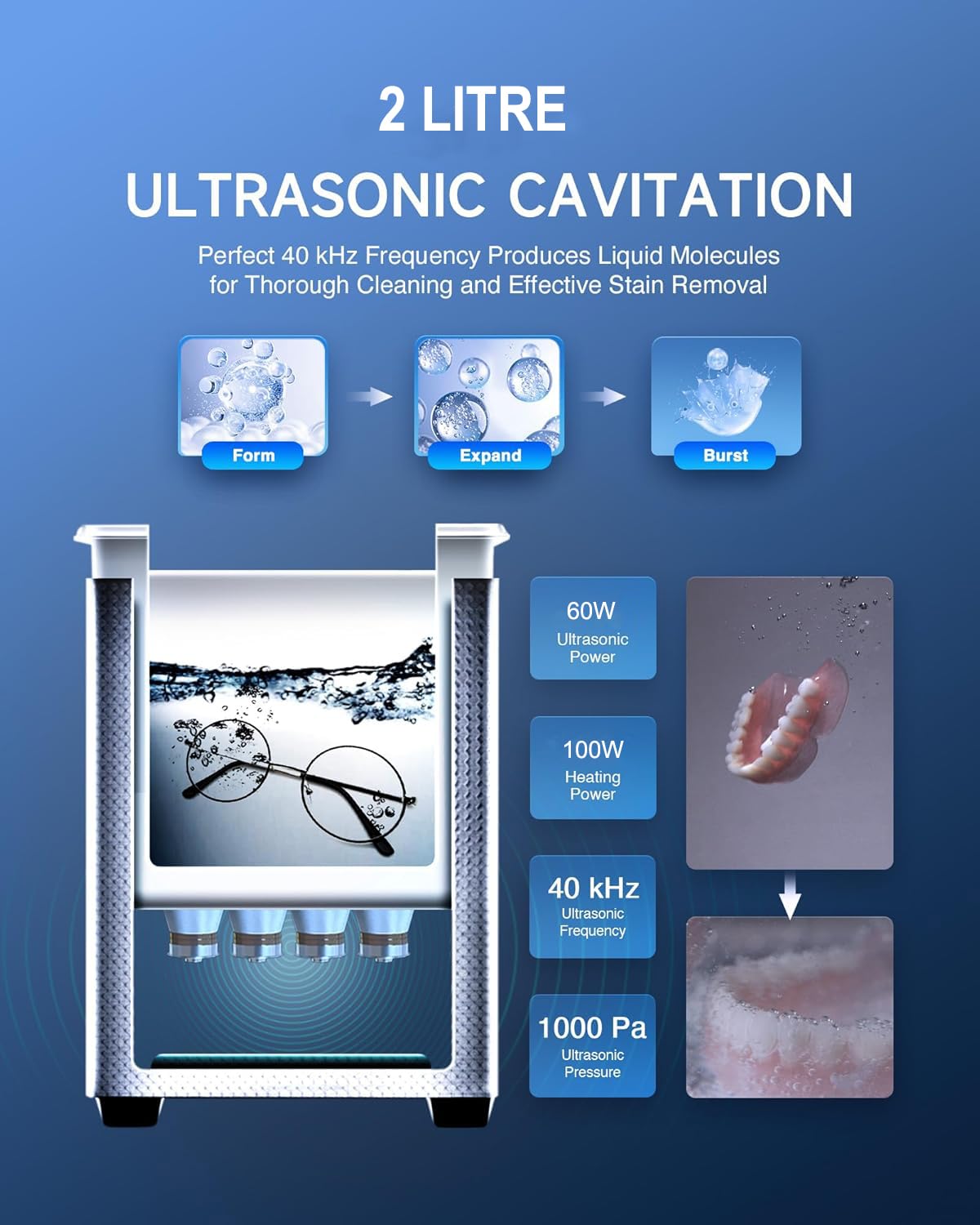 Surya Ultrasonic Machine 1.3L Cleaner with Auto Digital Timer and Heater, Professional 42kHz Retainer Denture and Jewelry Cleaner, Home Ultrasonic Cavitation Machine for Glasses Watches 6