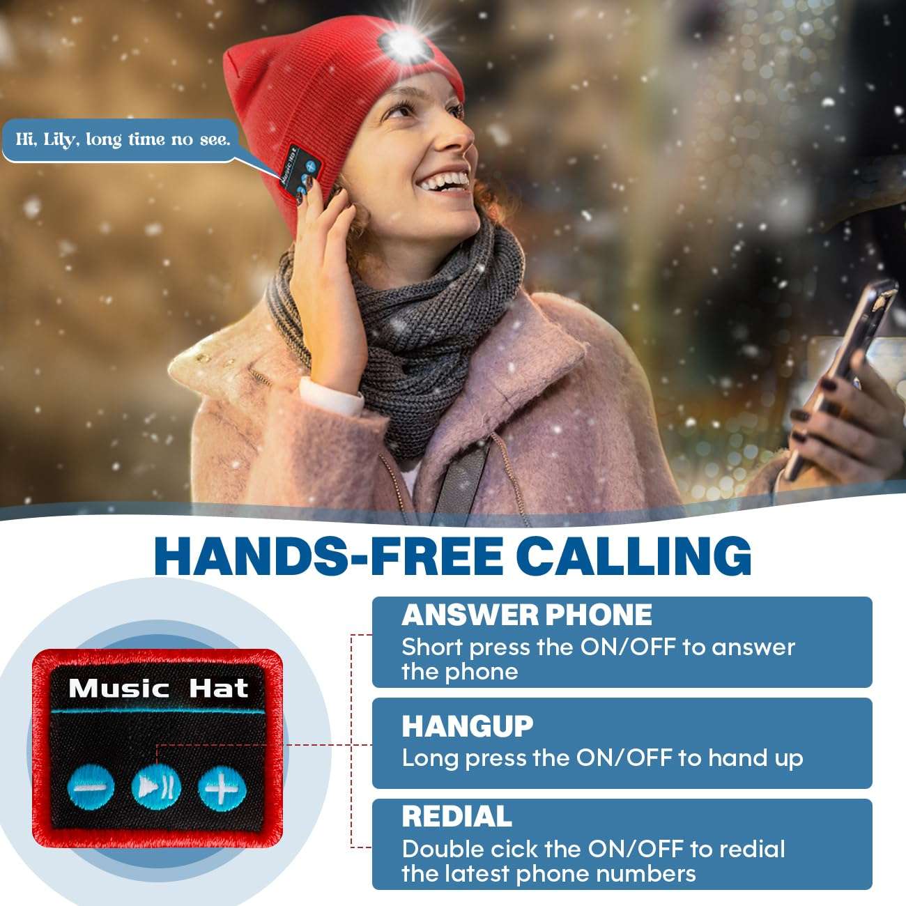 Bosttor Bluetooth Beanie Hat with Light, Headlamp Cap with Headphones and Built-in Speaker Mic, Gifts for Men Women Teen Pink 4