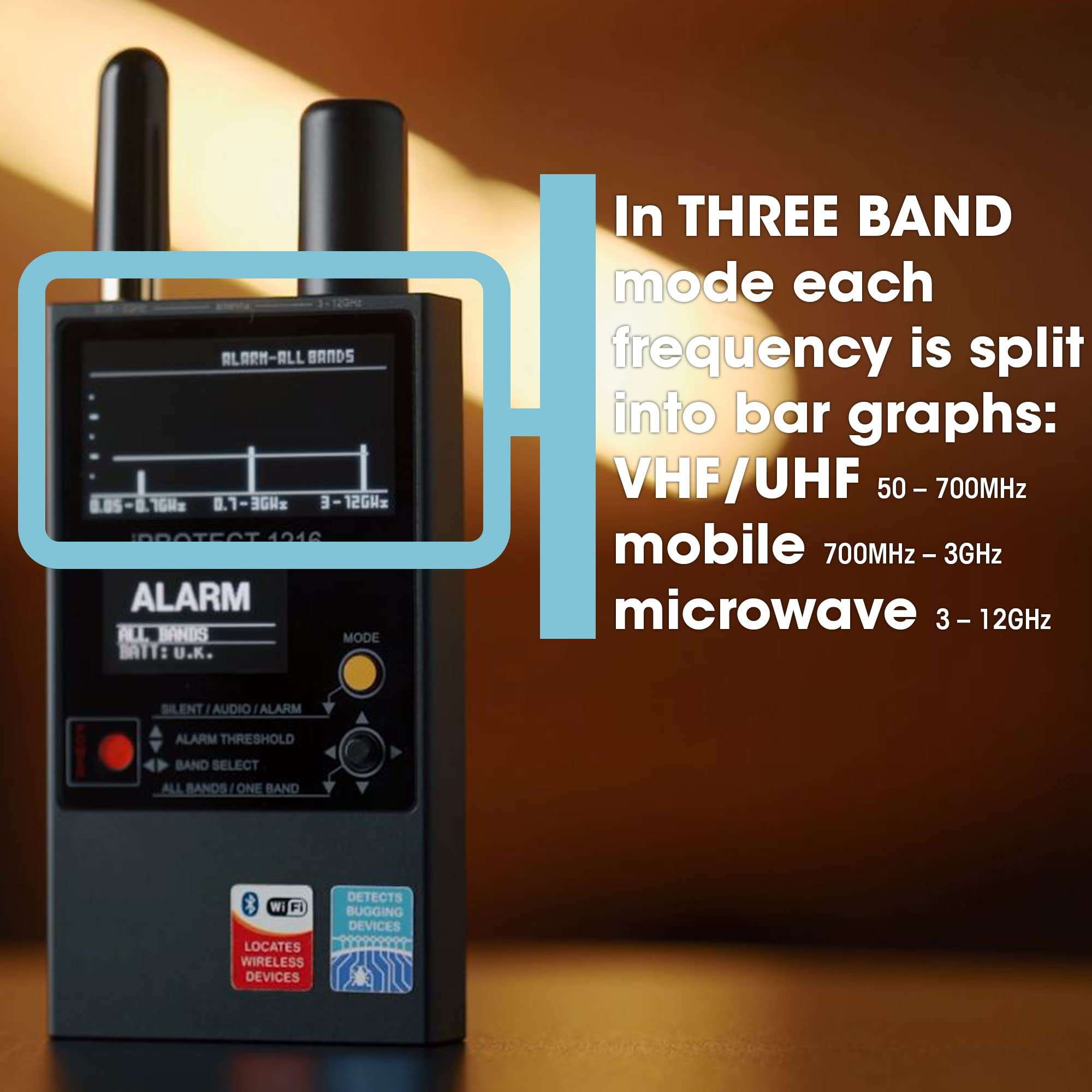 Discover It - iProtect 3 Band RF Anti-Spy Counter Surveillance Radio Frequency Bug Detector - Detect Listening Devices, Hidden Cameras, GPS, WiFi, Bluetooth, GSM, 3G, 4G/LTE, 2.4, and 5.8Ghz Signals 3