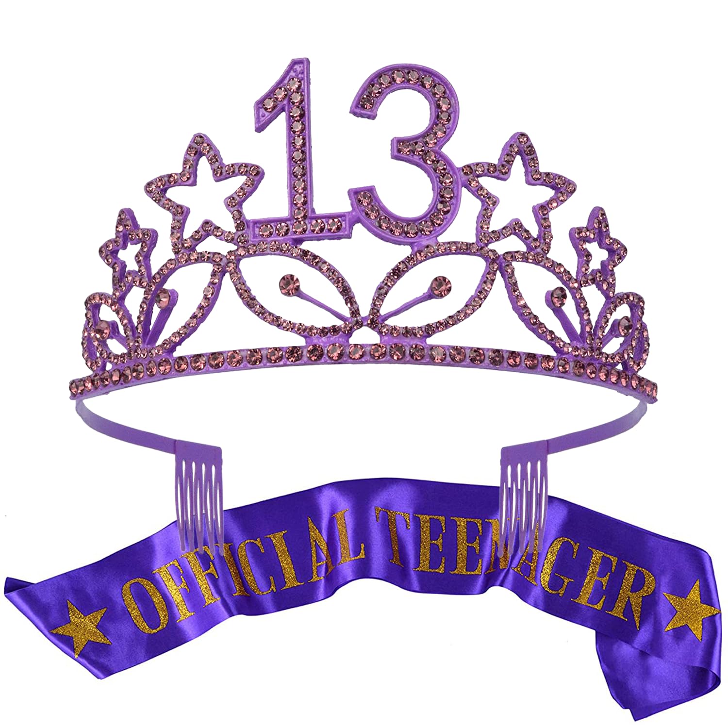 13th Birthday Sash and Tiara for Girls - Fabulous Set: Glitter Sash + Stars Rhinestone Rose Gold Premium Metal Tiara, 13th Birthday Gifts for Teenegers Party 1