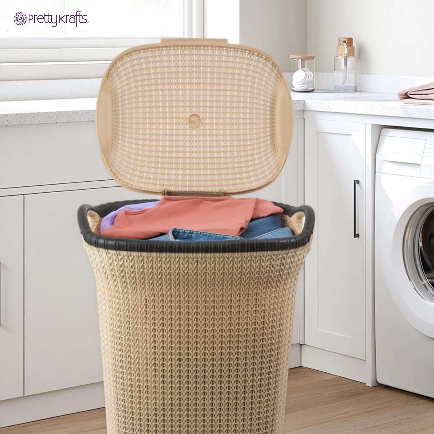 PrettyKrafts 60L Plastic Laundry Basket with Lid | Large Clothes Laundry Basket & Storage Bin | Toy Storage Basket | Multipurpose Storage Organiser | 61x45x35cm | Beige 3