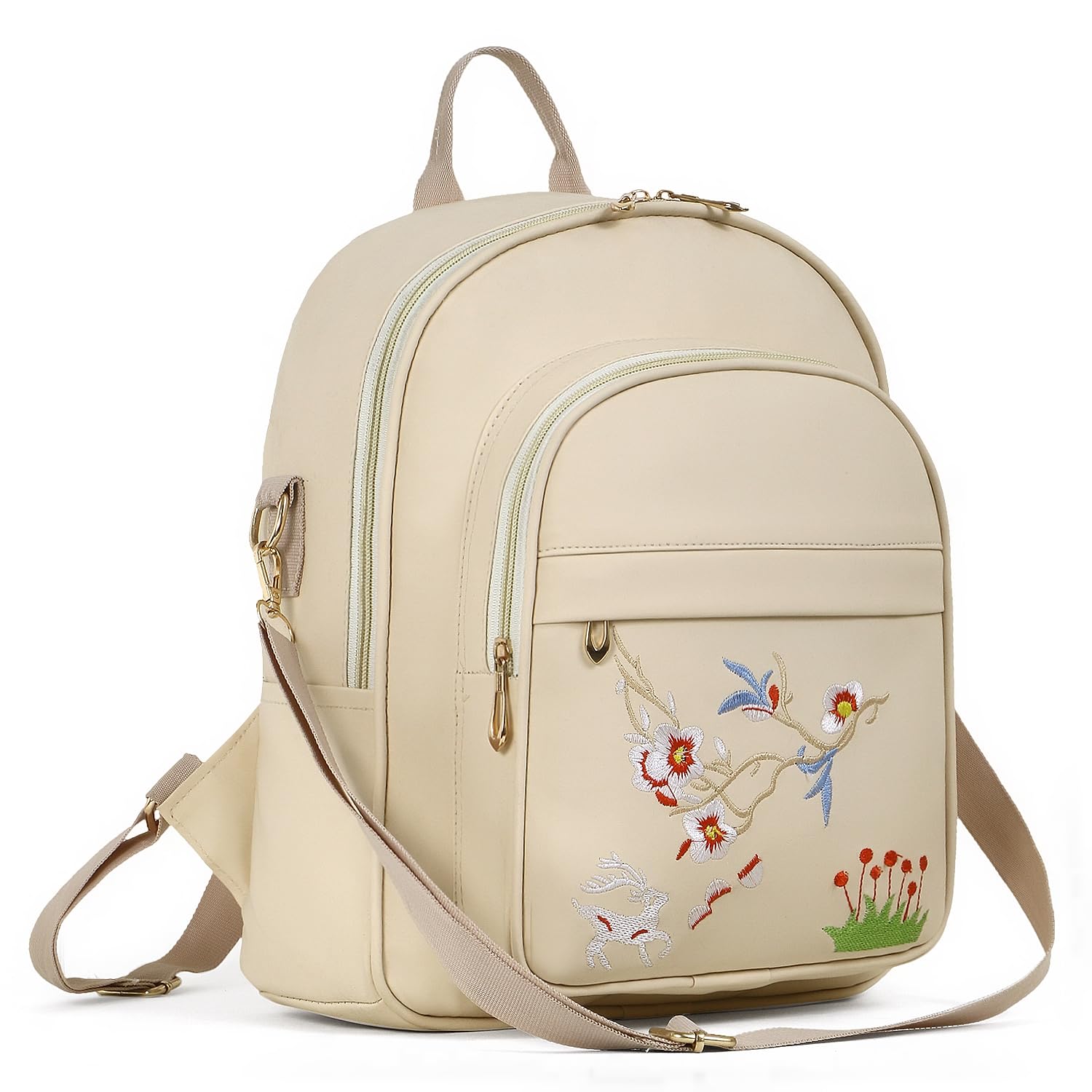 SKUGG 2024 New Flower Embroidered Artistic National Style Oxford Small Capacity Women's Bag Generation Backpack (Hiran_Cream)