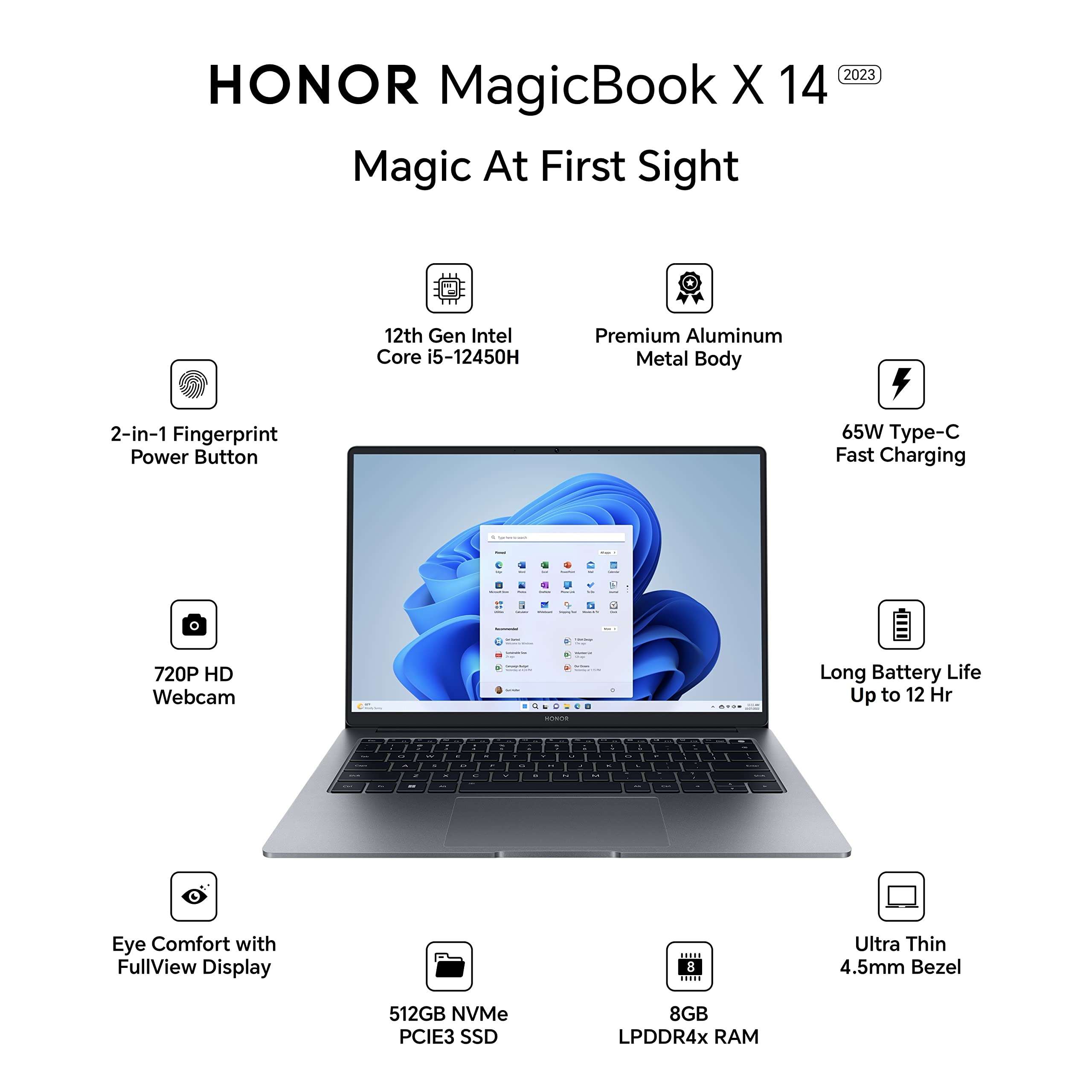 HONOR MagicBook X14 (2023), 12th Gen Intel Core i5-12450H (8GB/512GB NVMe SSD, 14-inch (35.56 cm) FHD IPS Anti-Glare Thin and Light Laptop/Windows 11/Backlit Keyboard/Fingerprint Login/1.43Kg), Gray 2