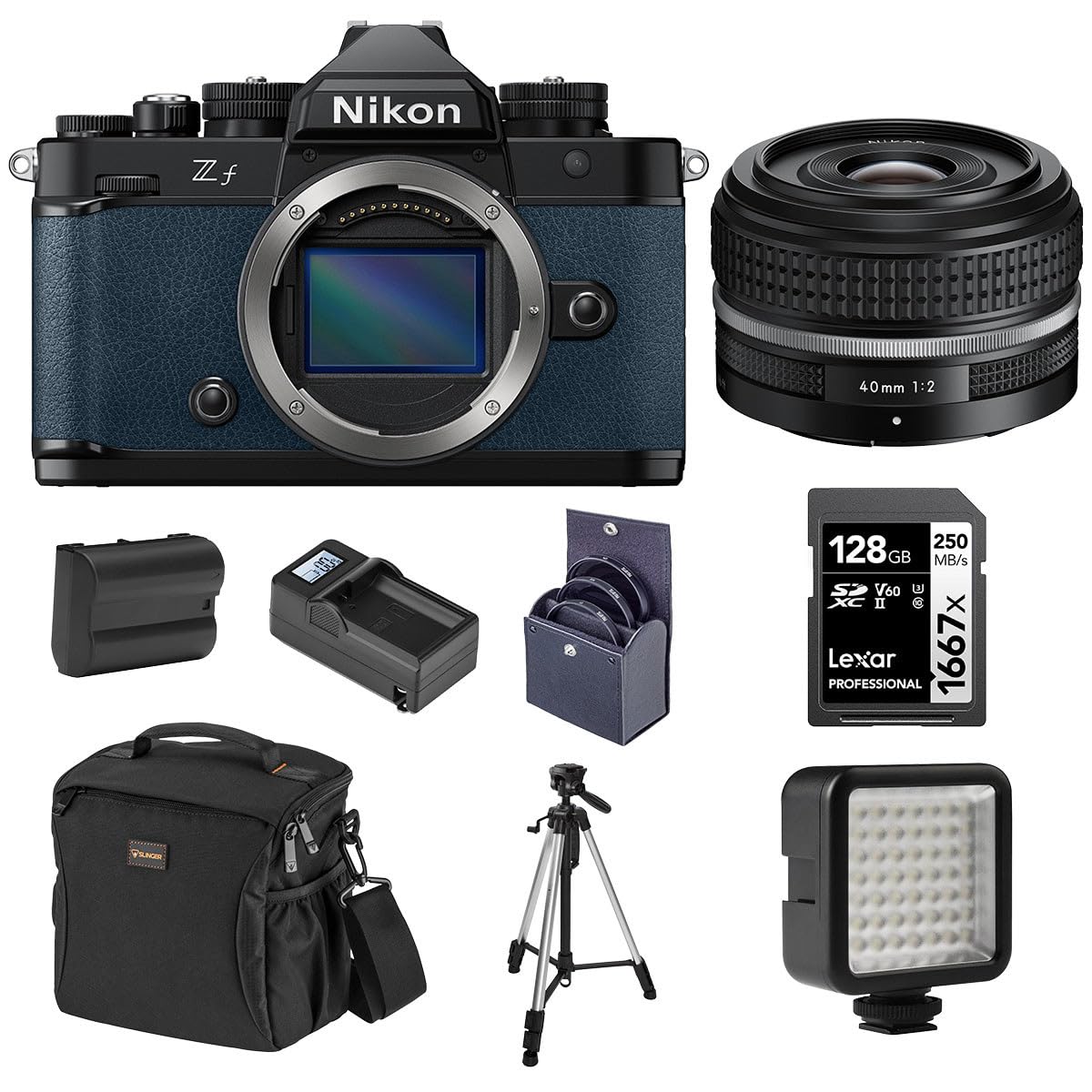 Nikon Z f Mirrorless Camera, Blue with NIKKOR Z 40mm f/2 SE Lens, Bundle with Battery, 128GB Memory Card, W49 Mini LED Light and Tripod 1
