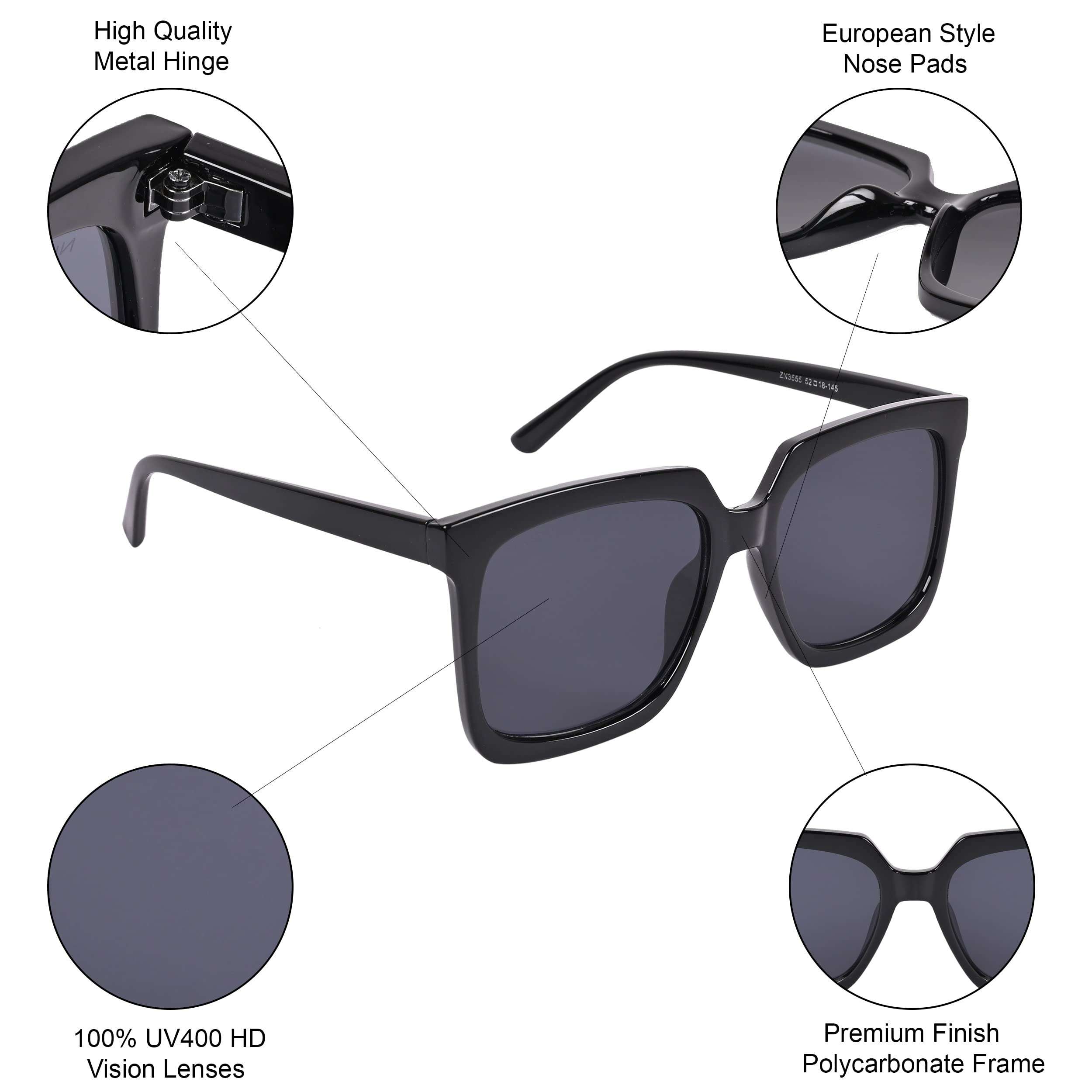 NuVew® UV Protected Retro Over Sized/Wayfarer Sunglasses for Men & Women - (Black Lens | Black Frame | Large Size | NW-3555-32) 3