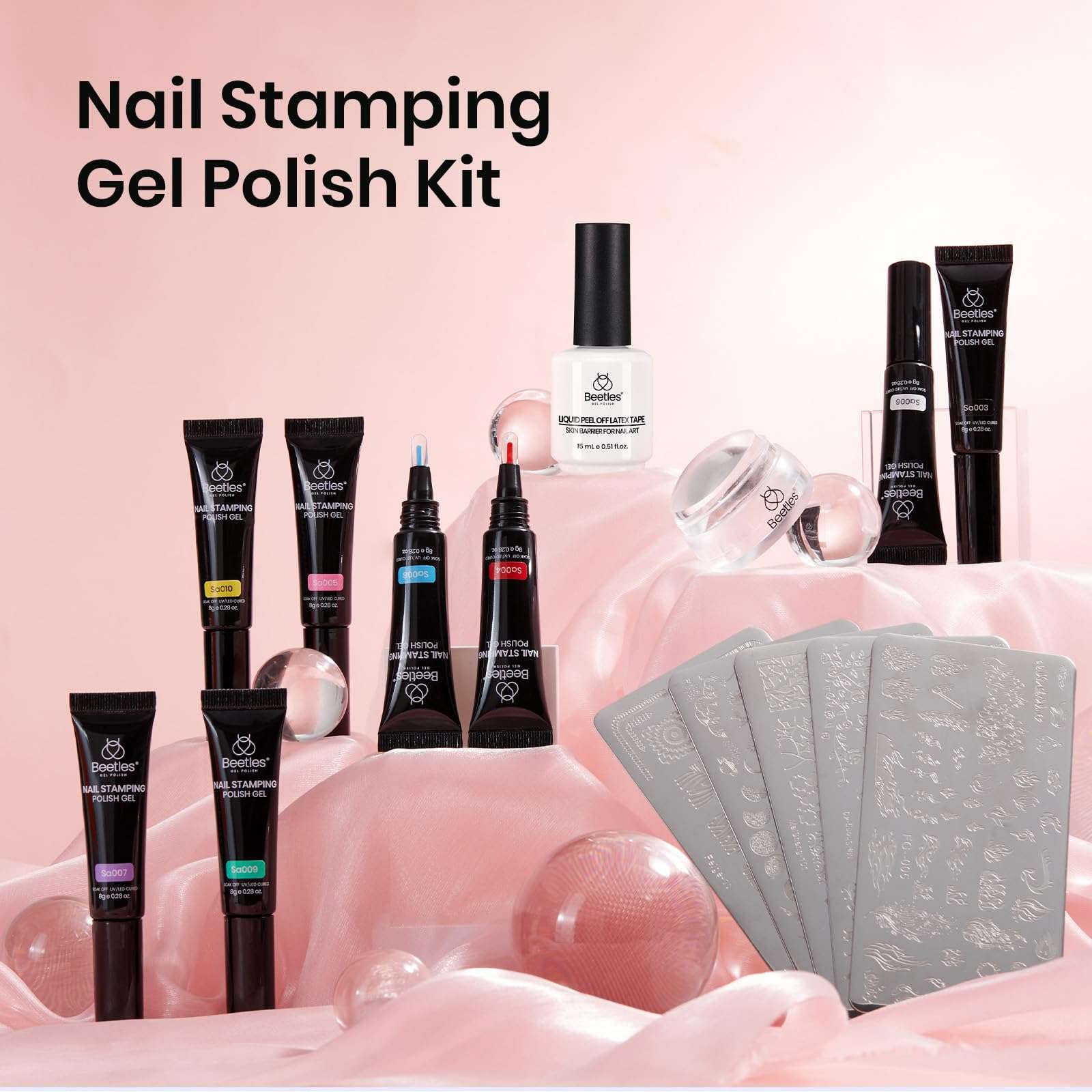 Beetles Nail Stamp Gel 16Pcs French Tip Nail Stamp Kit with 8 Colors Stamper Gel Polish, 5 Nail Stamping Templates, Scrapers, Liquid Latex & Short Silicone Stamper Valentine's Day Gift for Women 4