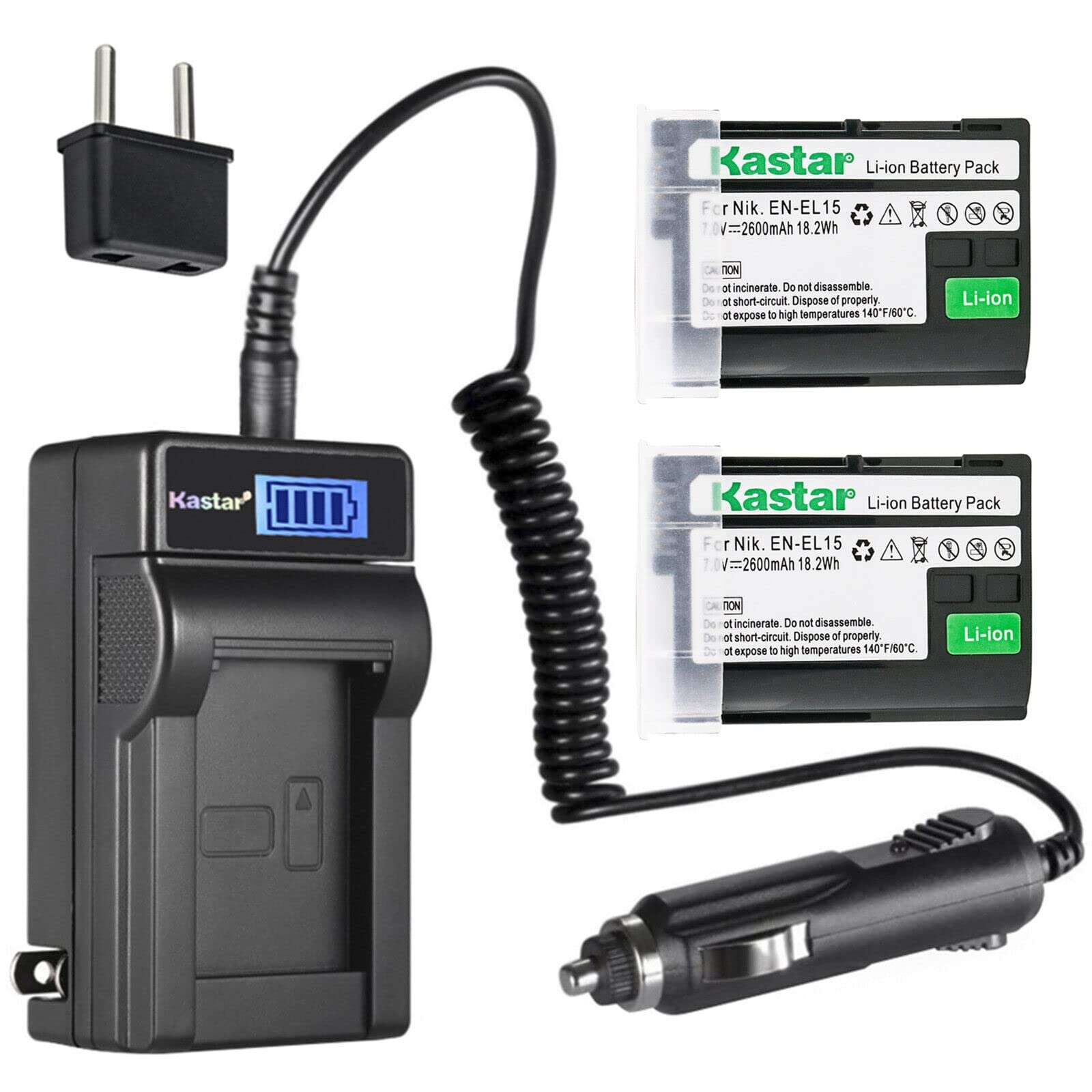 Kastar 2-Pack EN-EL15 Battery and LCD AC Charger Compatible with Nikon 1 V1, D500, D600, D610, D750, D780, D800, D800E, D810, D810A, D850, D7000, D7100, D7200, D7500, Z 6, Z6, Z 7, Z7, Z 7 Q3, Z7Q3 1